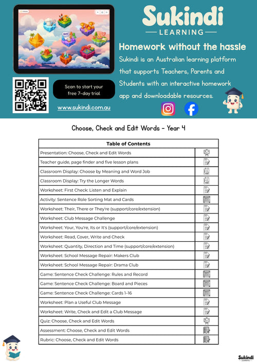 Choose, Check and Edit Words - Year 4 — table of contents
