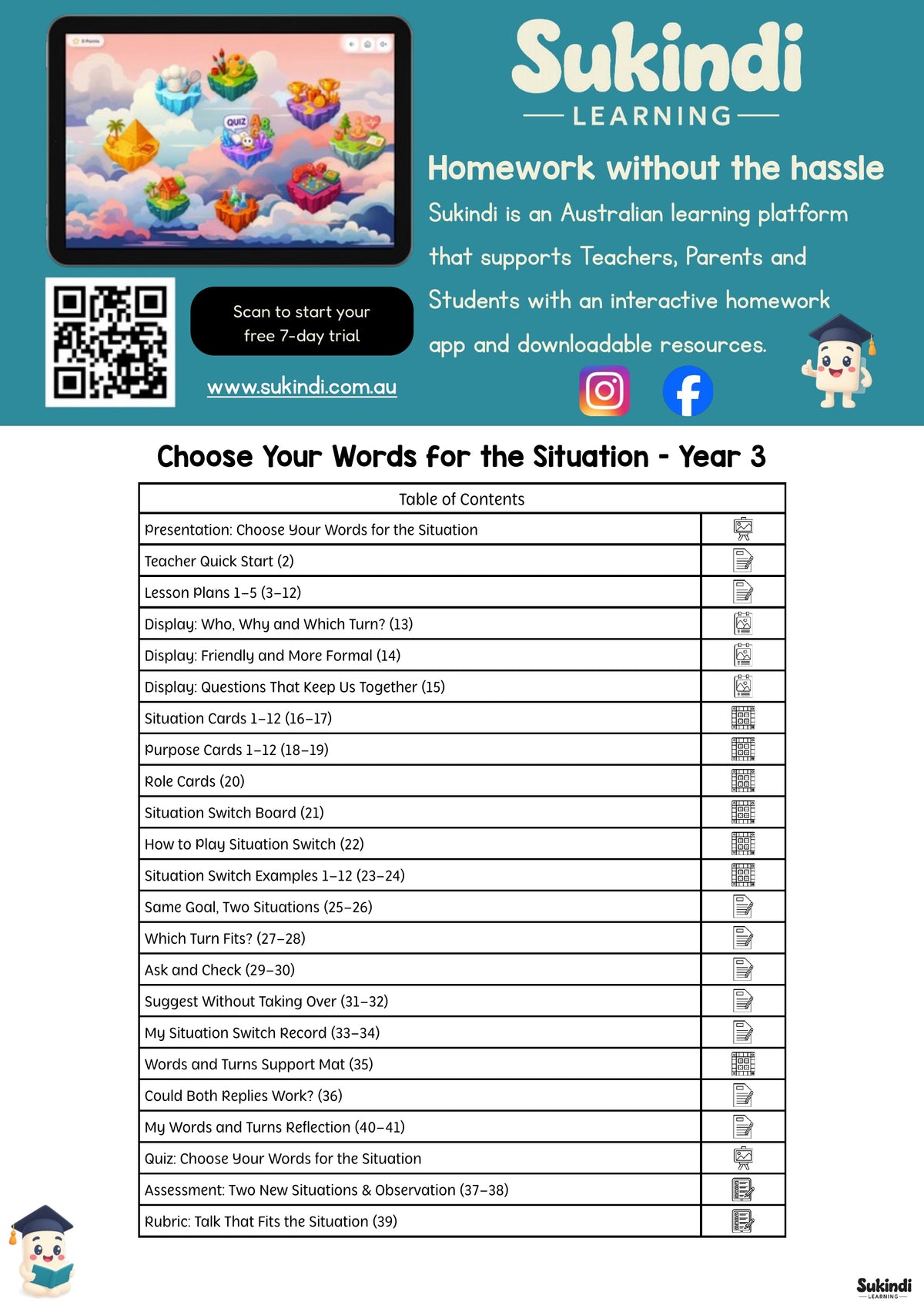 Choose Your Words for the Situation - Year 3 — table of contents
