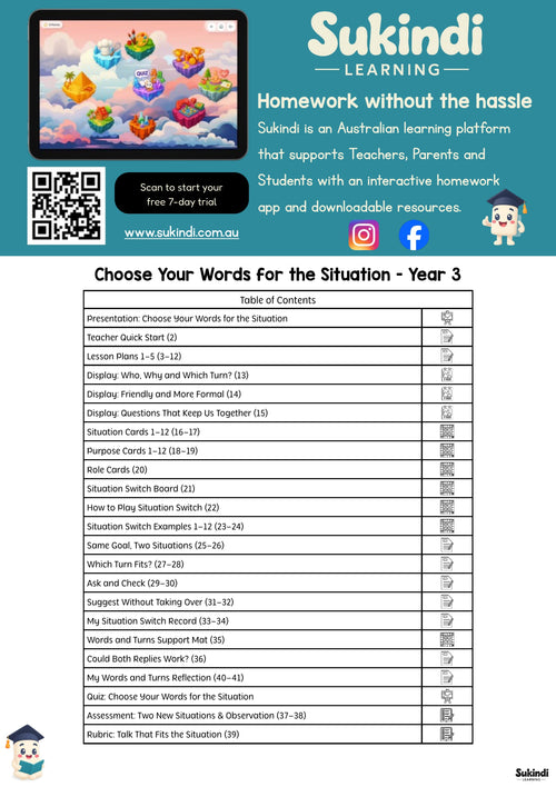 Choose Your Words for the Situation - Year 3 — table of contents