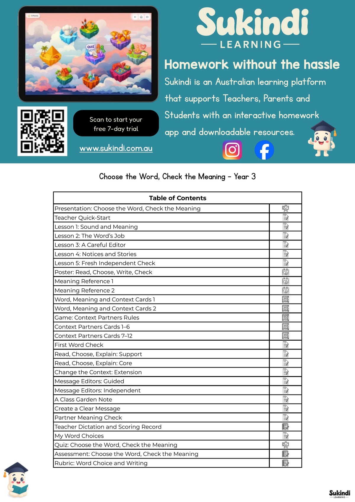 Choose the Word, Check the Meaning - Year 3 — table of contents