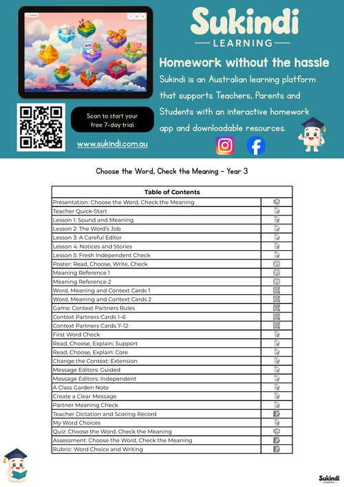 Choose the Word, Check the Meaning - Year 3 — table of contents