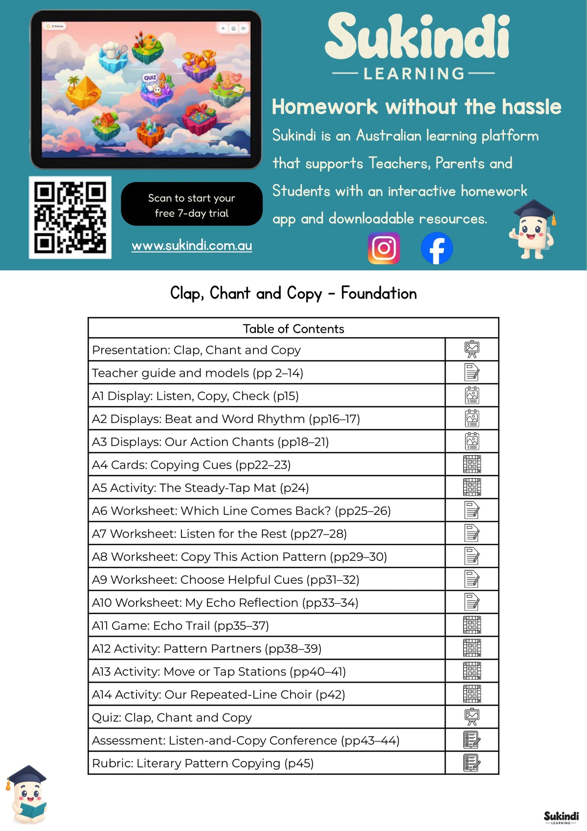 Clap, Chant and Copy - Foundation — table of contents
