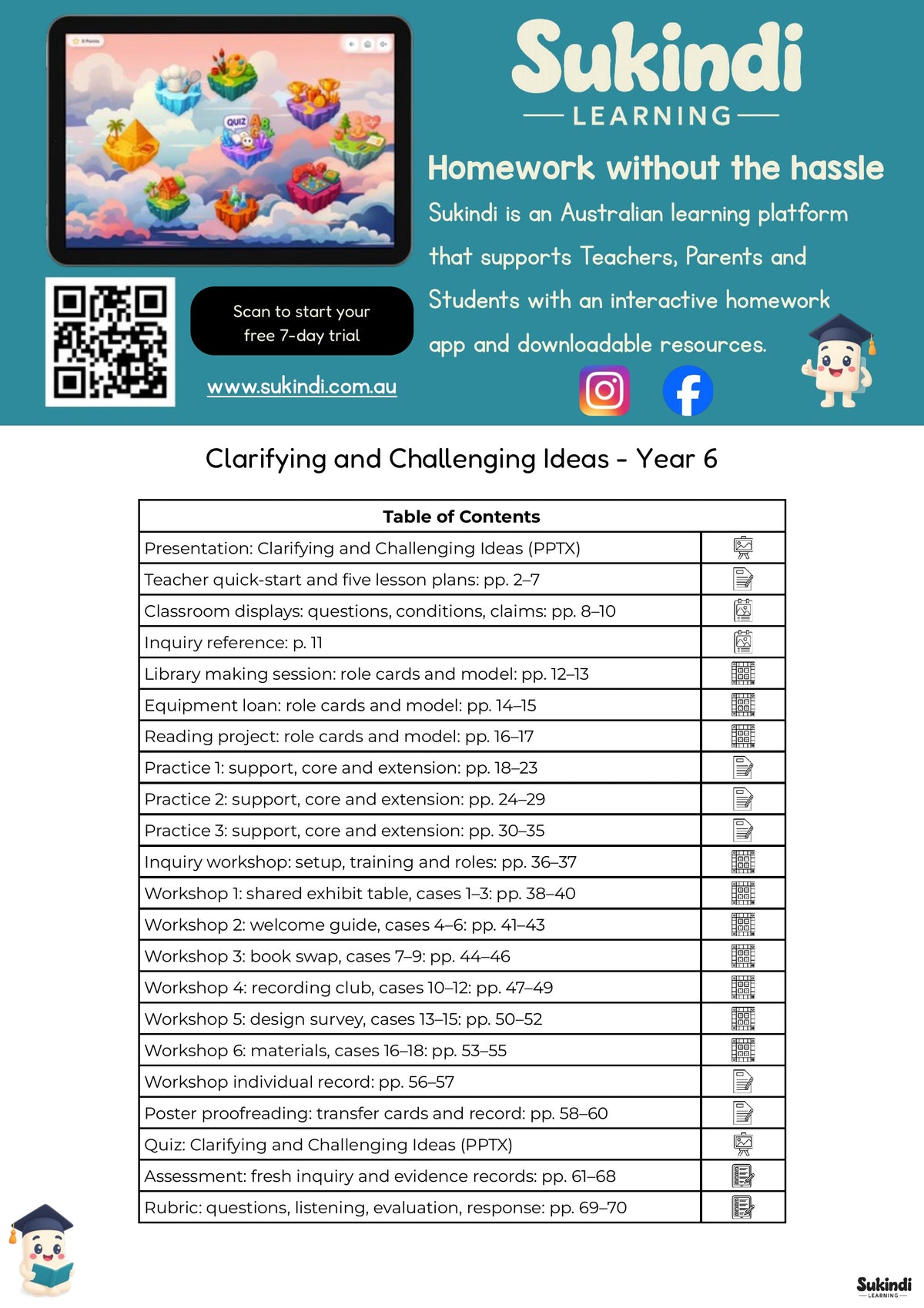 Clarifying and Challenging Ideas - Year 6 — table of contents