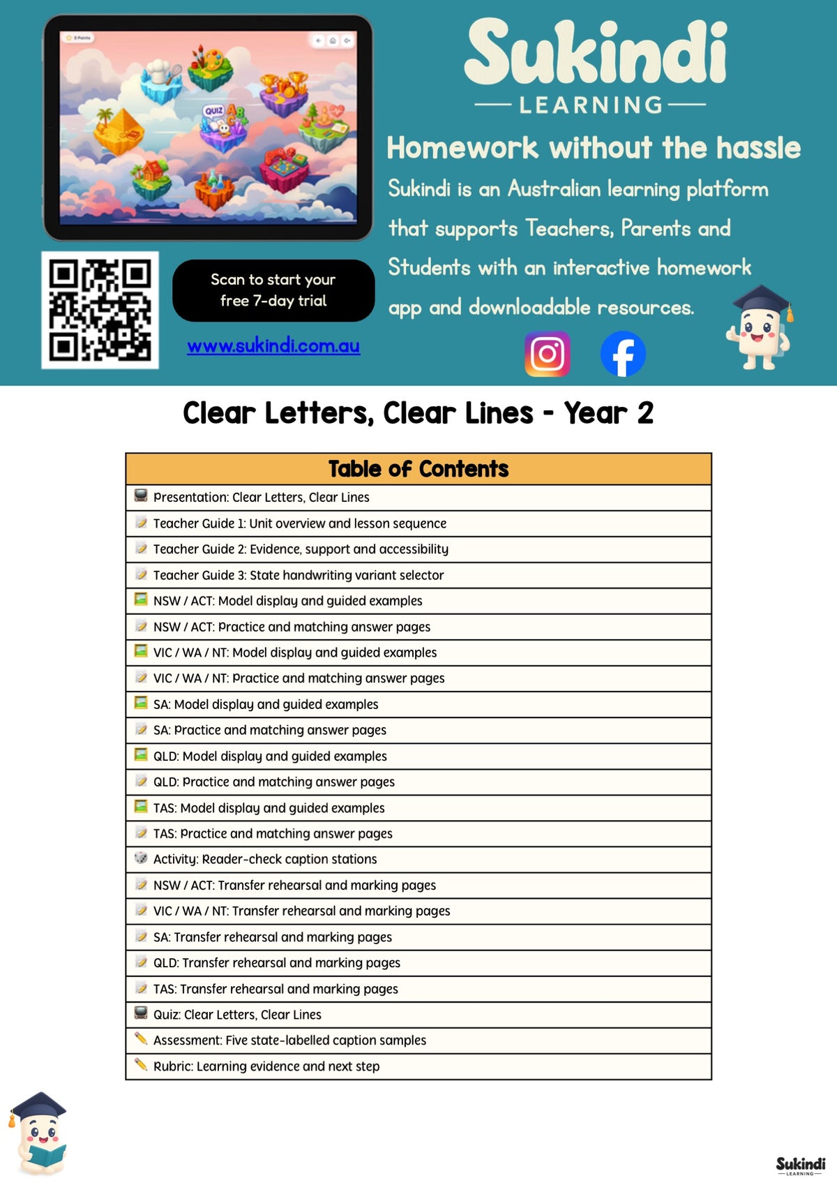 Clear Letters, Clear Lines - Year 2 Australian Handwriting Unit — table of contents