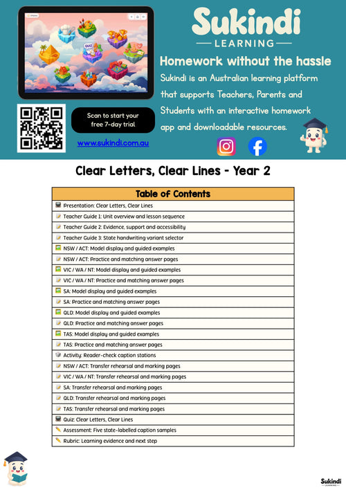 Clear Letters, Clear Lines - Year 2 Australian Handwriting Unit — table of contents
