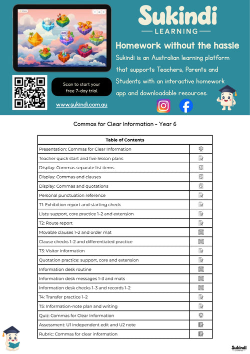 Commas for Clear Information - Year 6 — table of contents