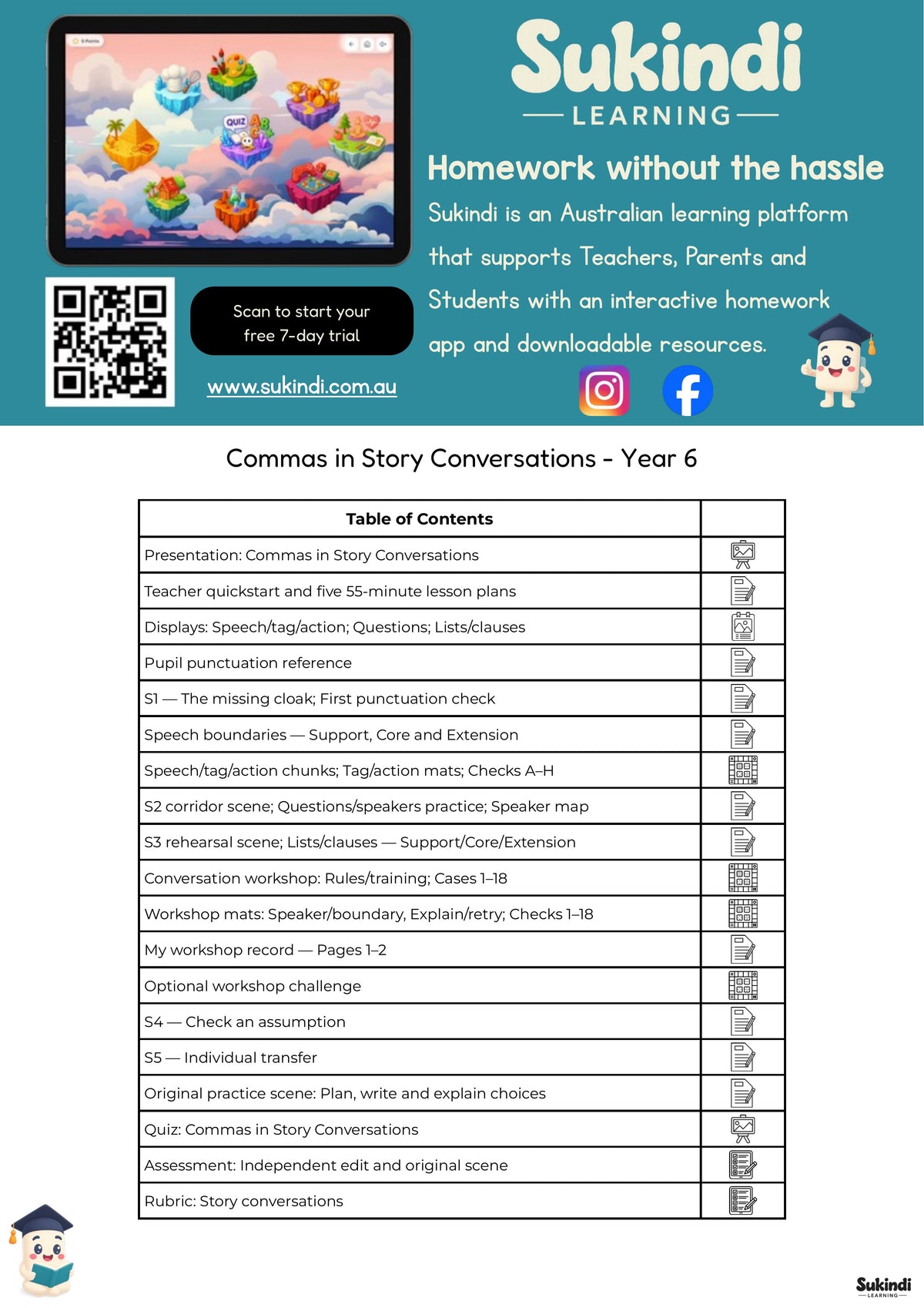 Commas in Story Conversations - Year 6 — table of contents