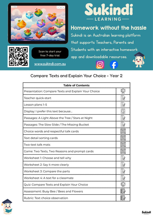 Compare Texts and Explain Your Choice - Year 2 — table of contents