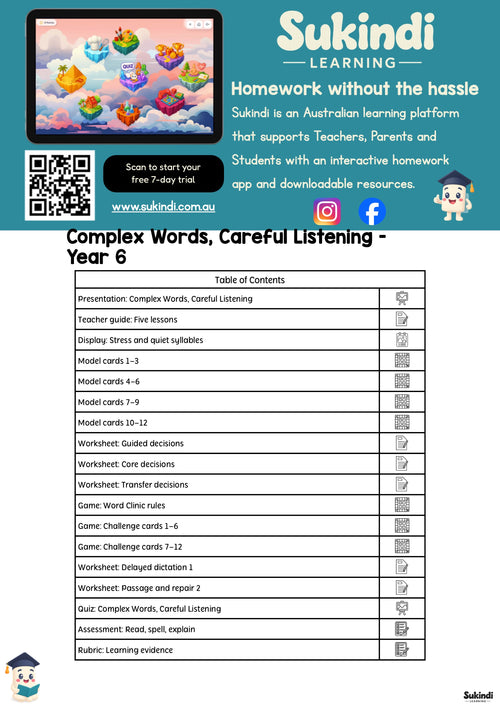 Complex Words, Careful Listening — Year 6 — table of contents