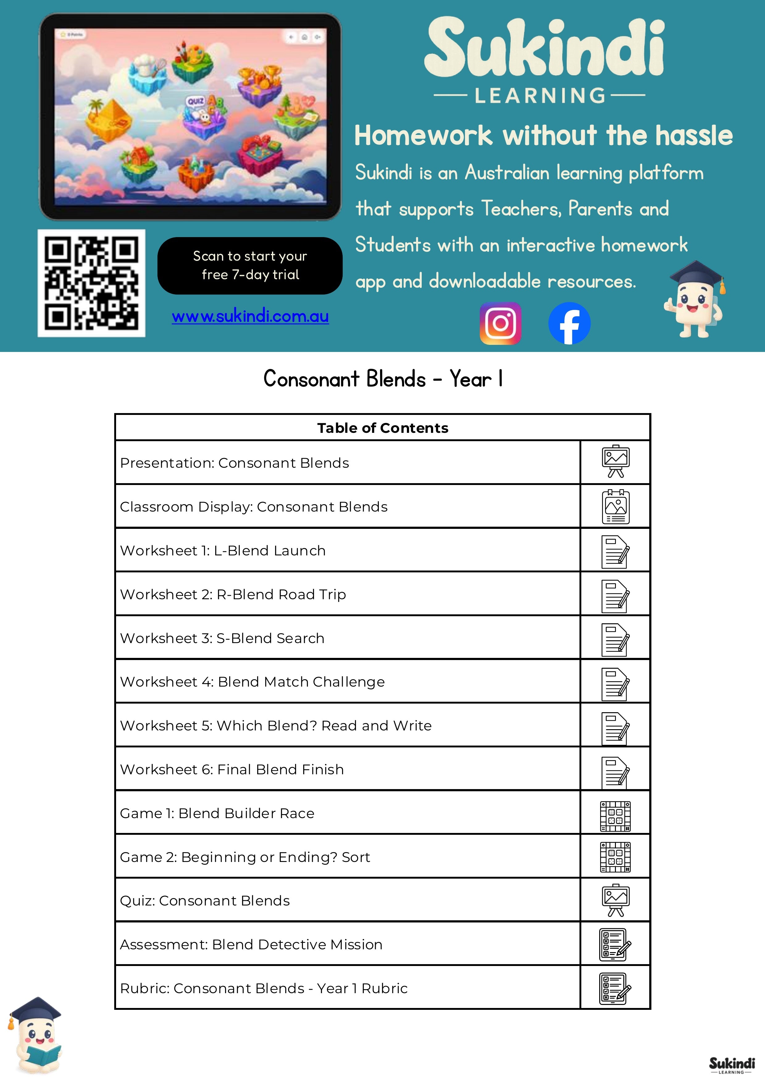 Consonant Blends Year 1 Unit