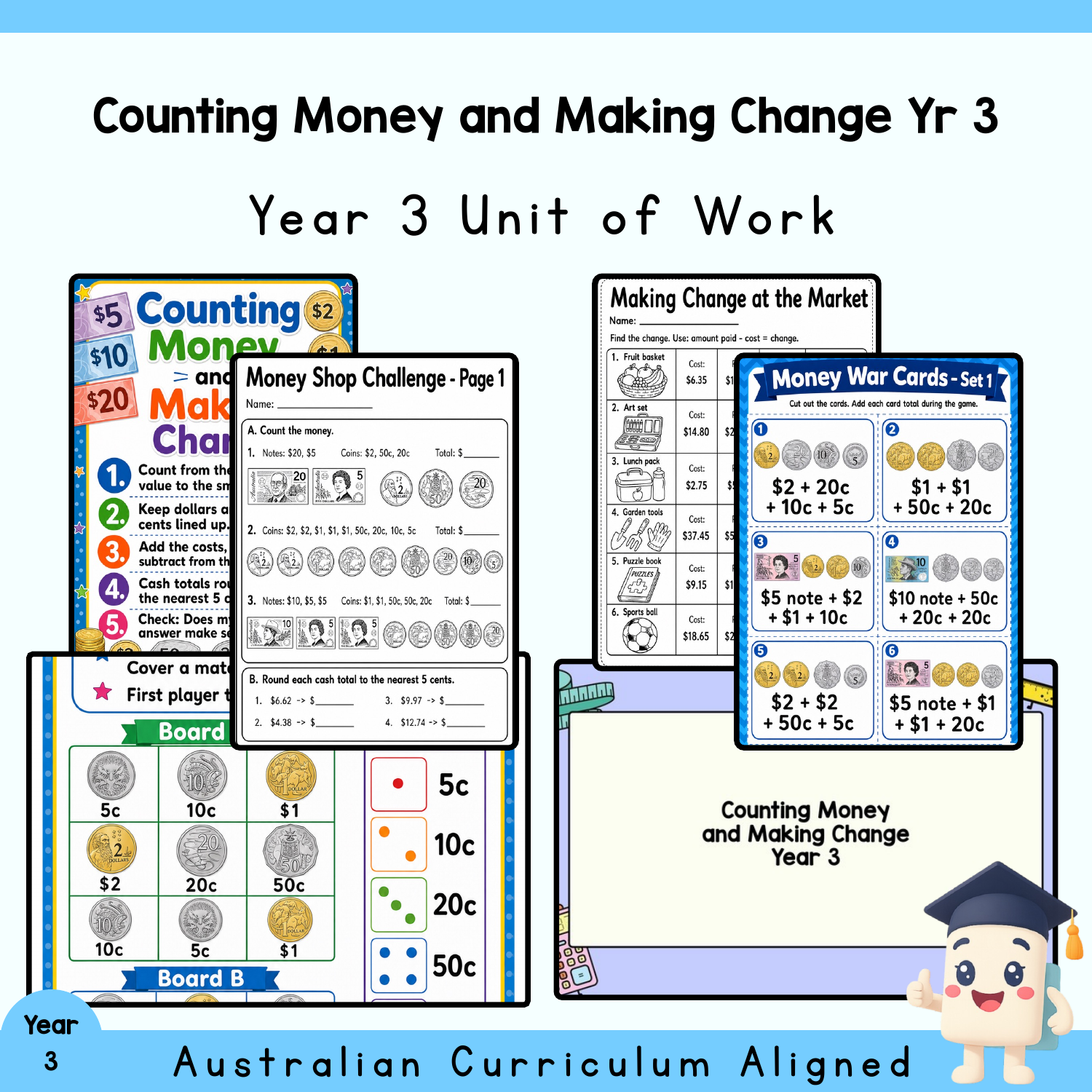 Year 3 Counting Money and Making Change Unit | Australian Money, Worksheets, Games, Quiz & Assessment