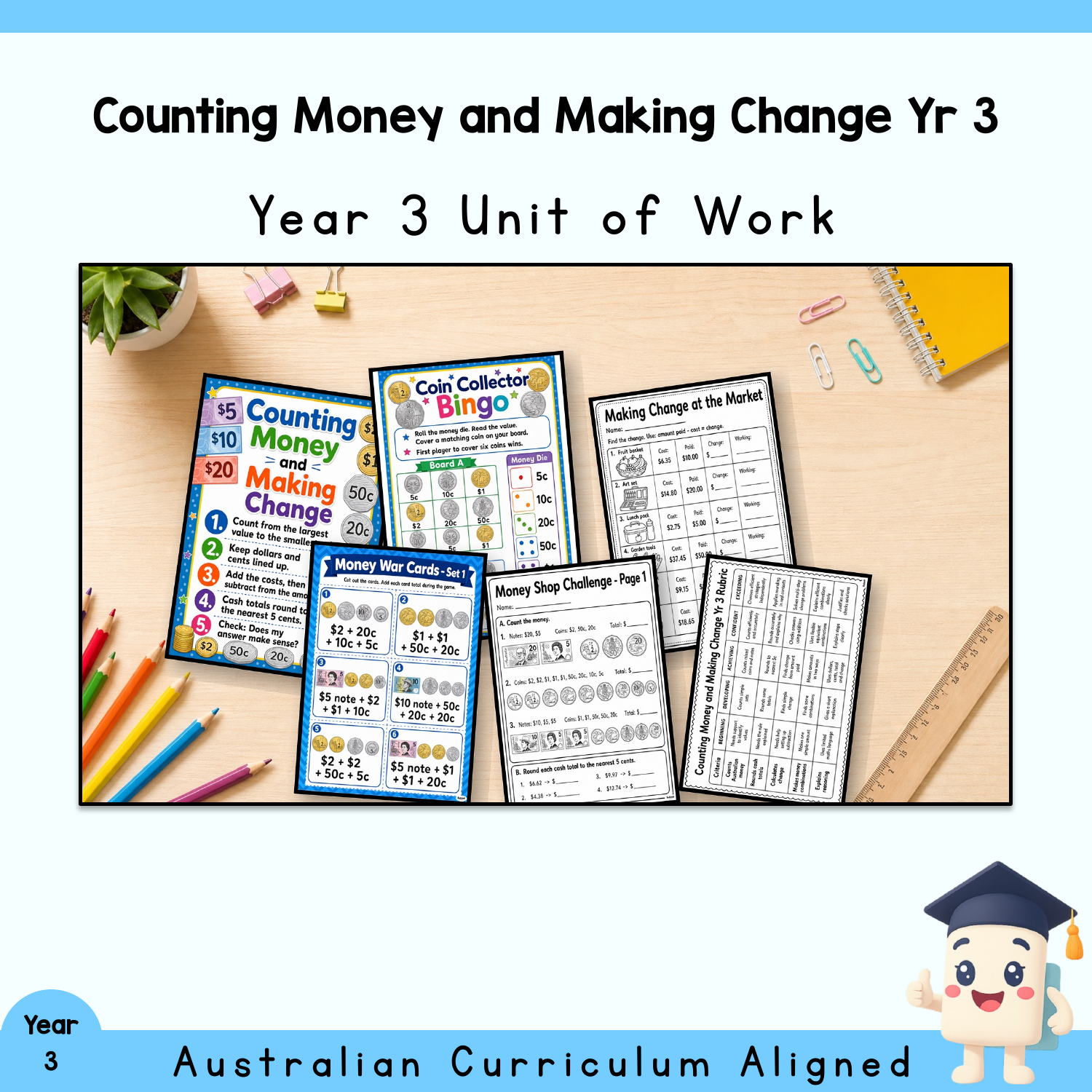 Year 3 Counting Money and Making Change Unit | Australian Money, Worksheets, Games, Quiz & Assessment