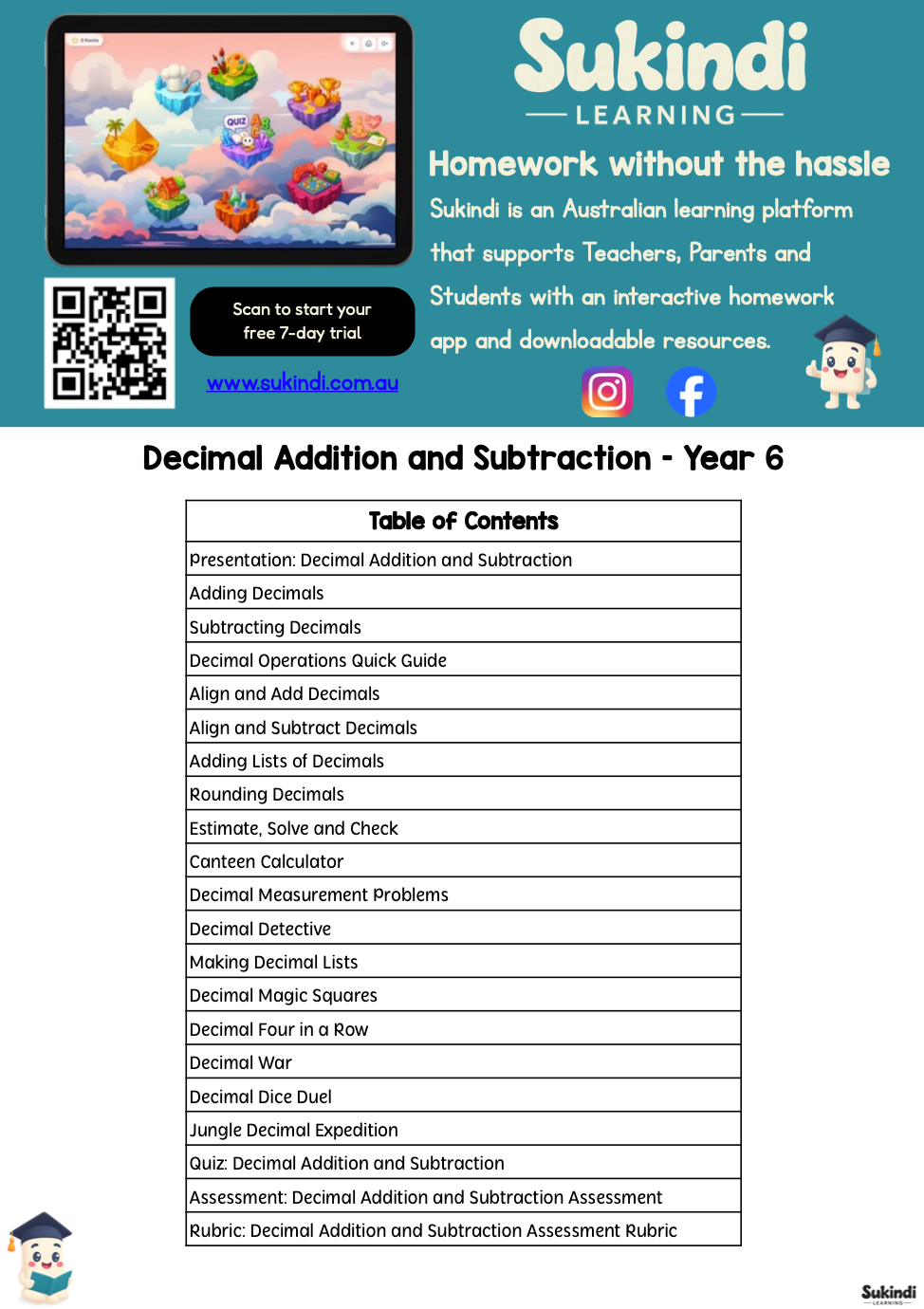 Decimal Addition and Subtraction Unit — table of contents