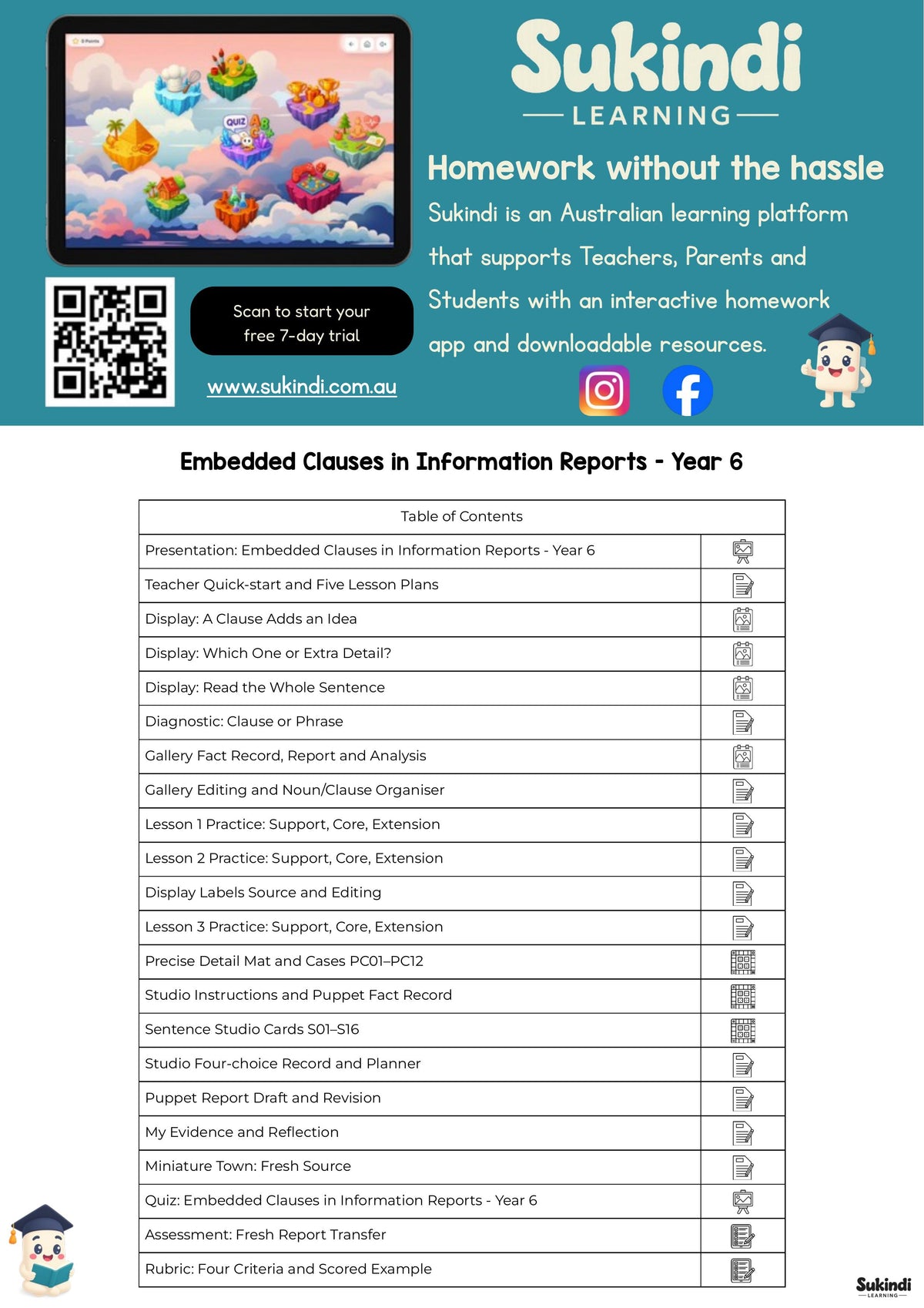 Embedded Clauses in Information Reports - Year 6 — table of contents