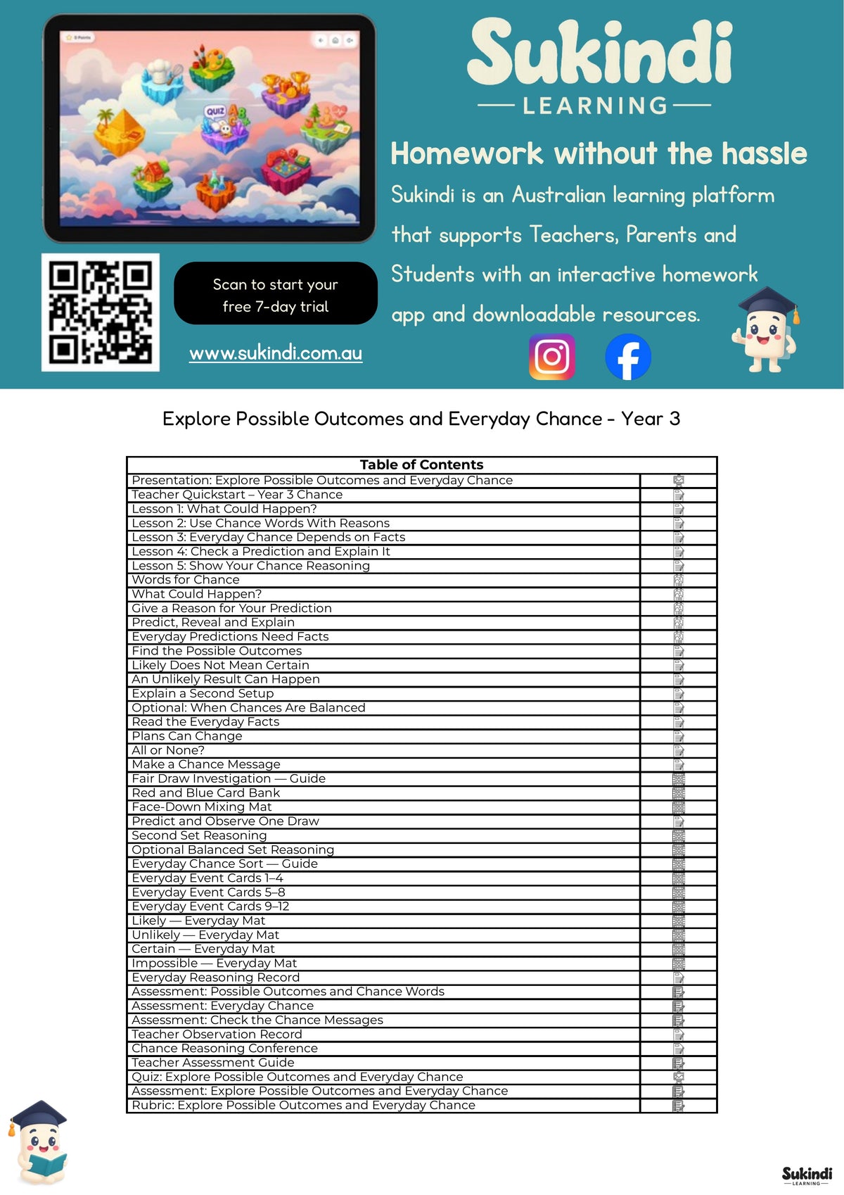 Explore Possible Outcomes and Everyday Chance - Year 3 — table of contents