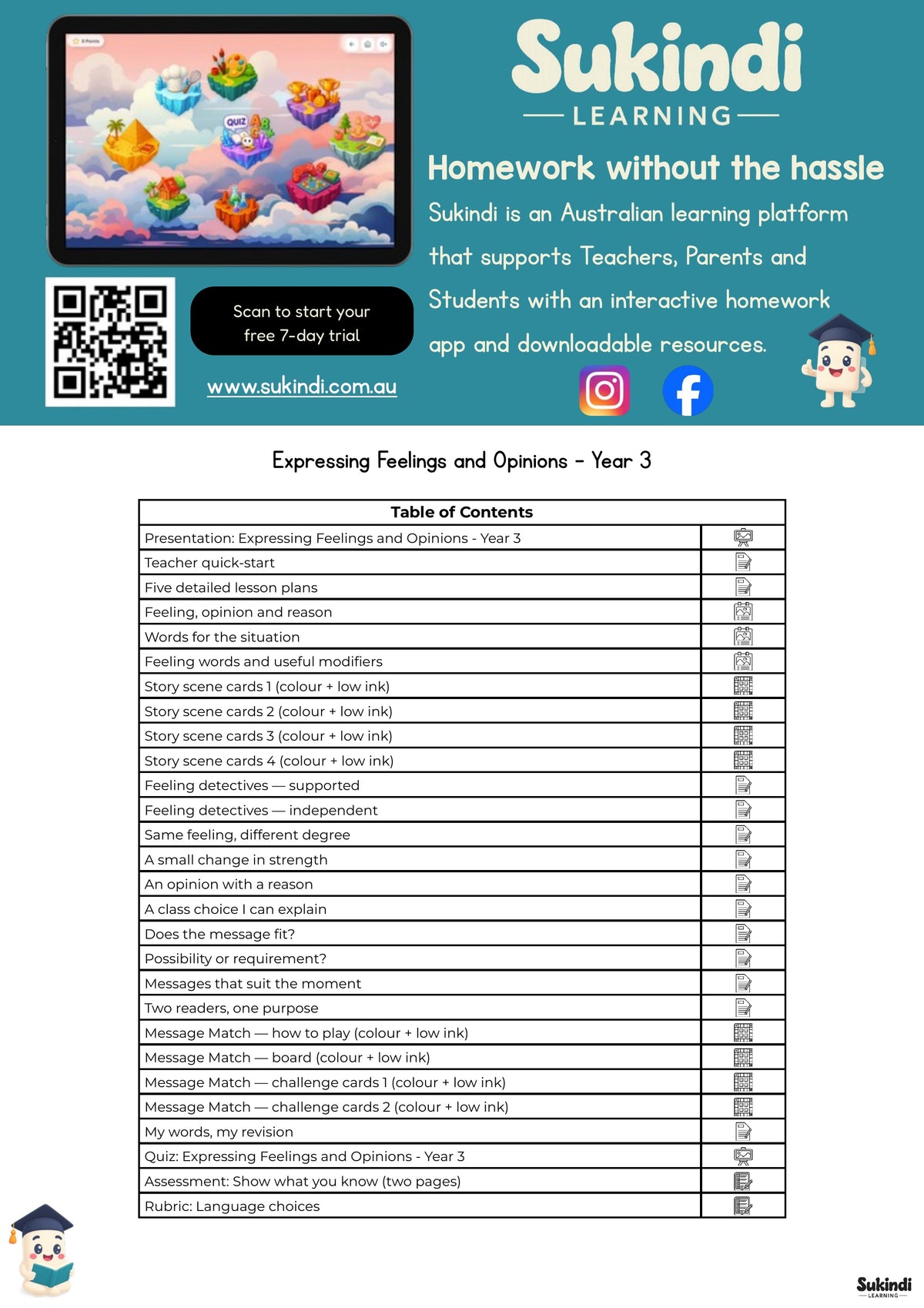 Expressing Feelings and Opinions - Year 3 — table of contents