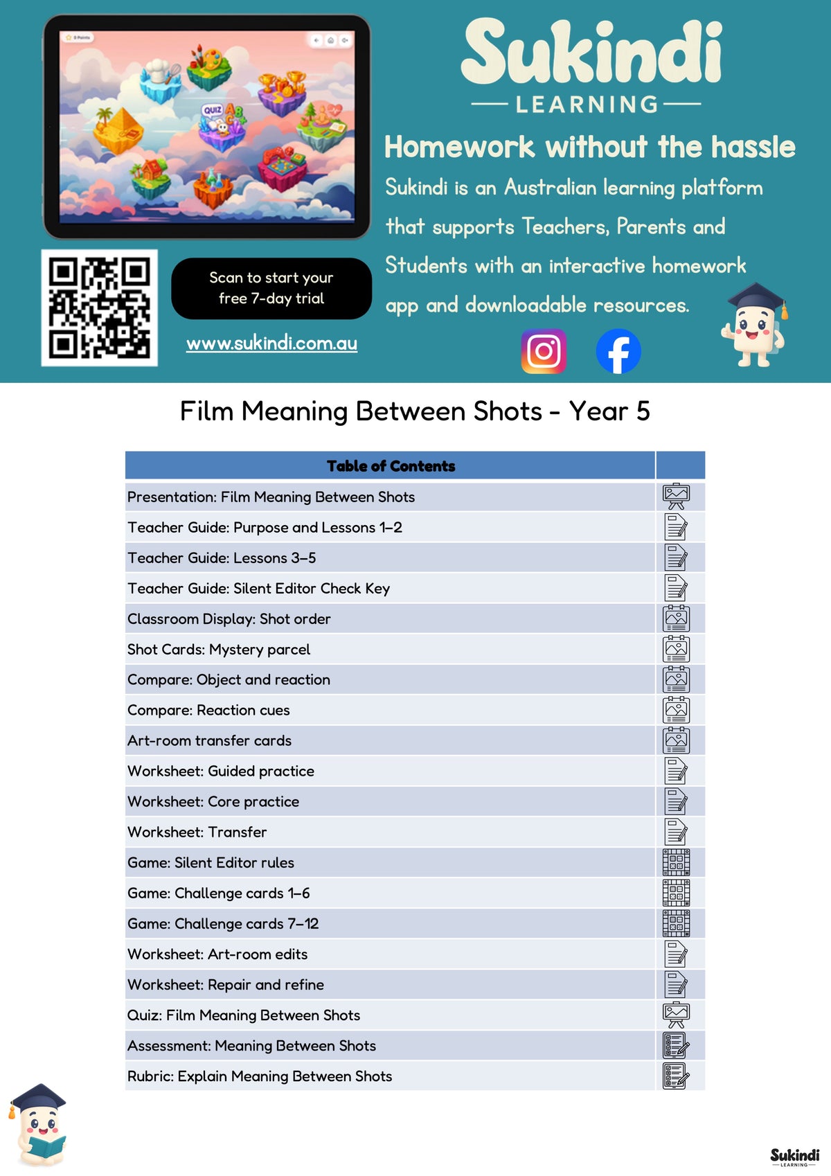 Film Meaning Between Shots — Year 5 English Unit — table of contents