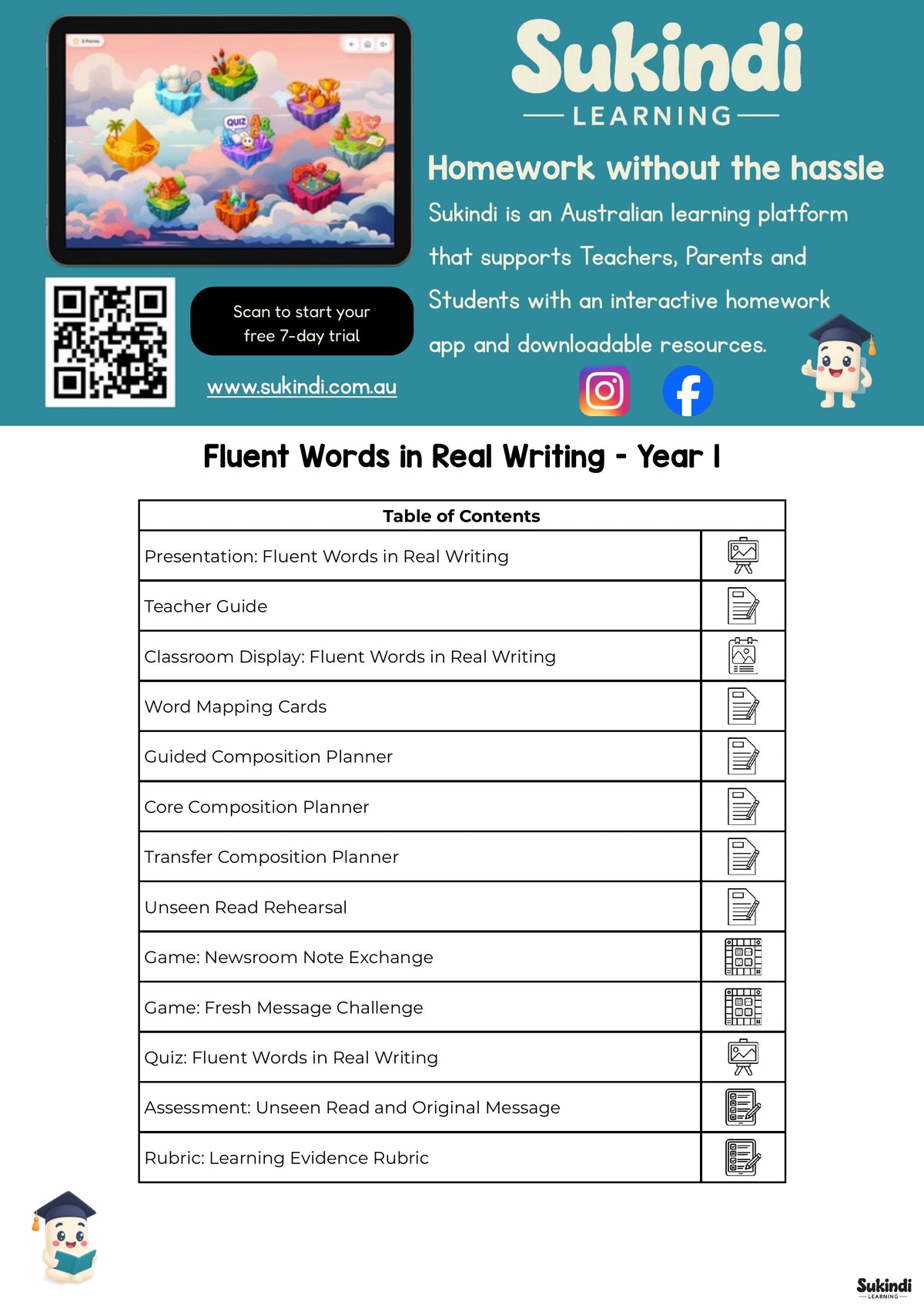 Fluent Words in Real Writing - Year 1 English Unit — table of contents