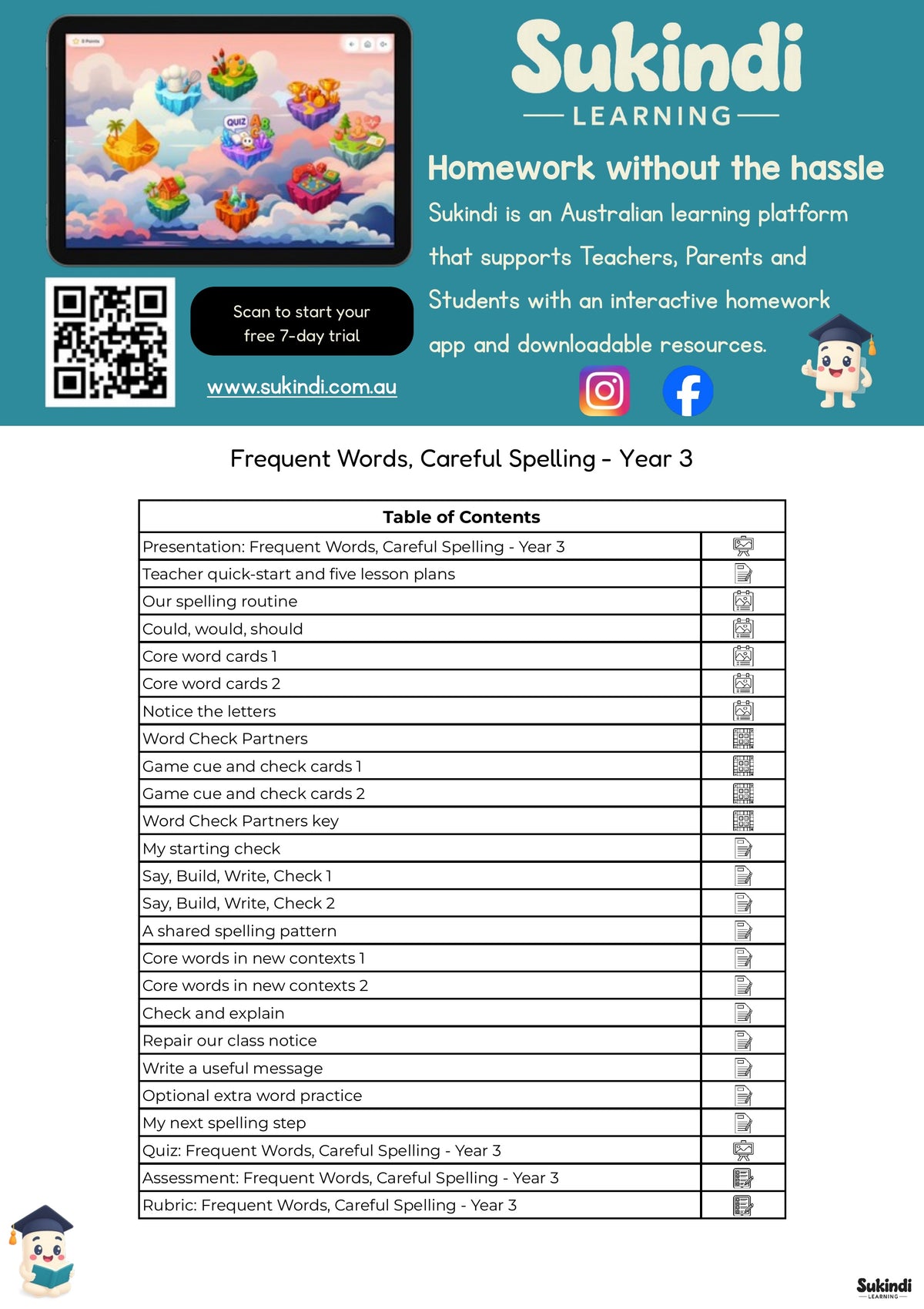 Frequent Words, Careful Spelling - Year 3 — table of contents