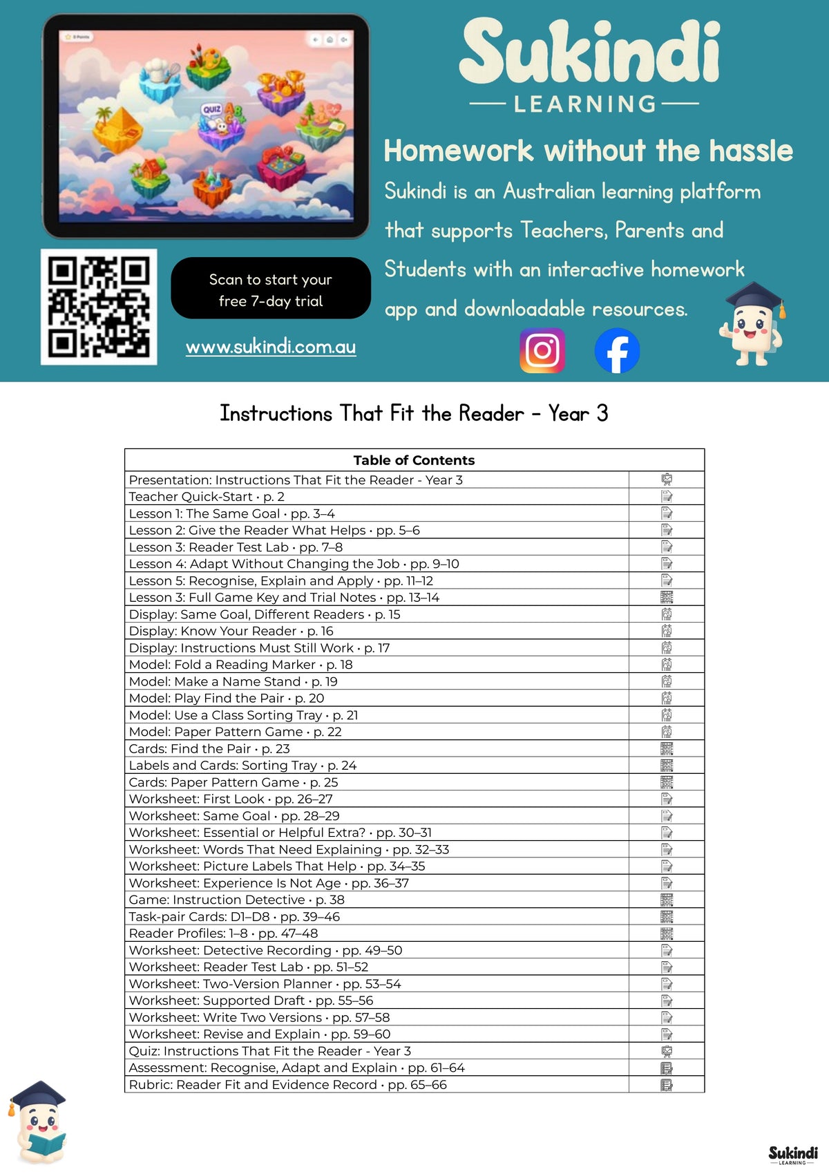 Instructions That Fit the Reader - Year 3 — table of contents