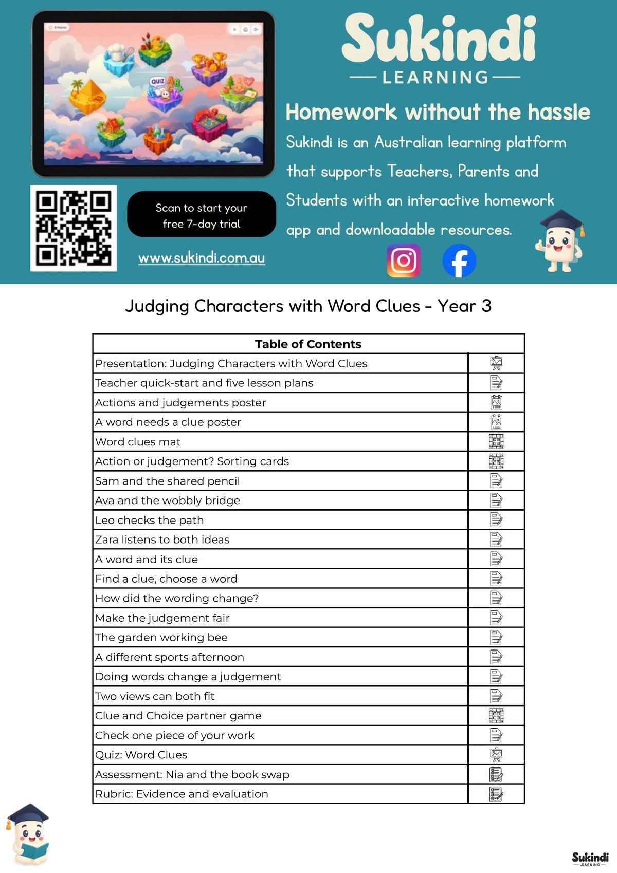 Judging Characters with Word Clues - Year 3 — table of contents