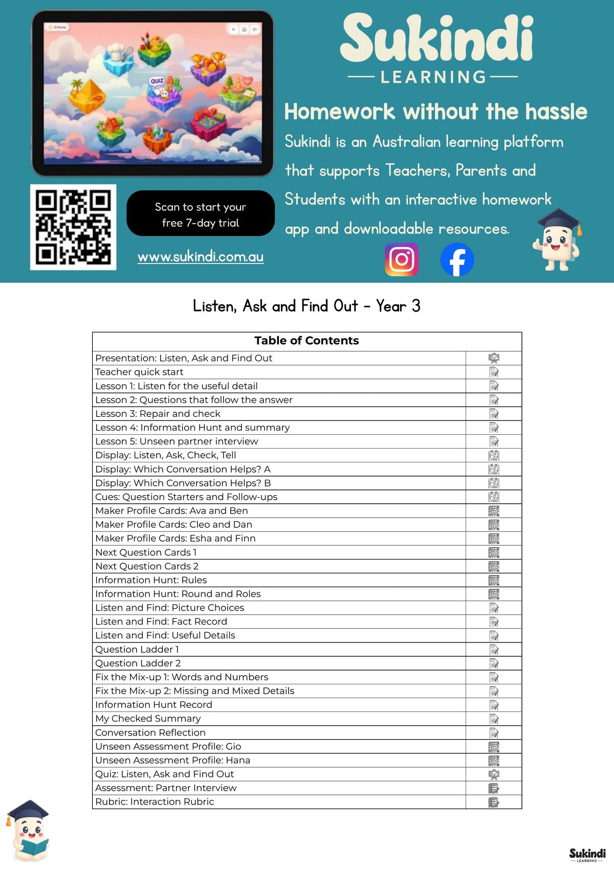Listen, Ask and Find Out - Year 3 — table of contents