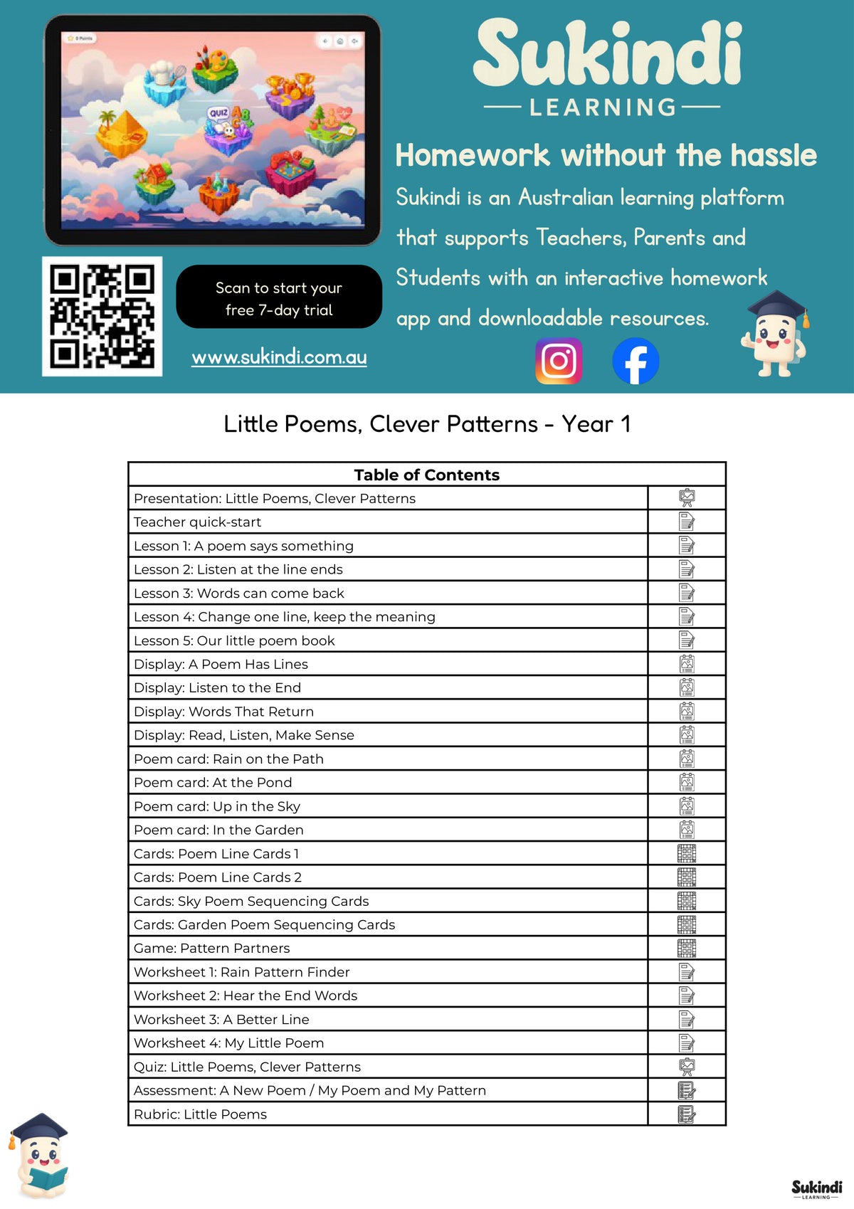 Little Poems, Clever Patterns - Year 1 — table of contents