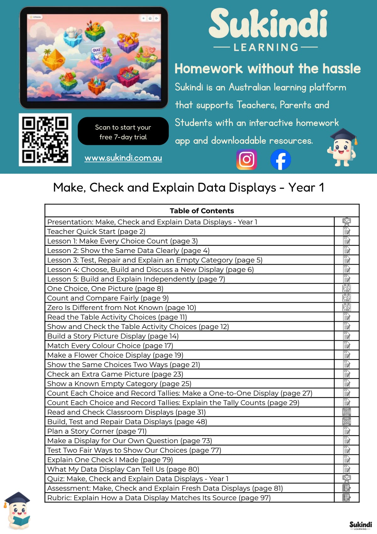 Make, Check and Explain Data Displays - Year 1 — table of contents