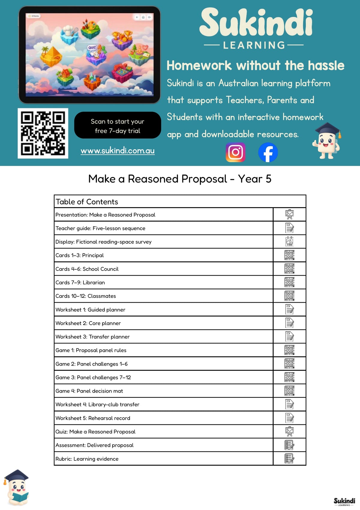 Make a Reasoned Proposal – Year 5 English Unit — table of contents