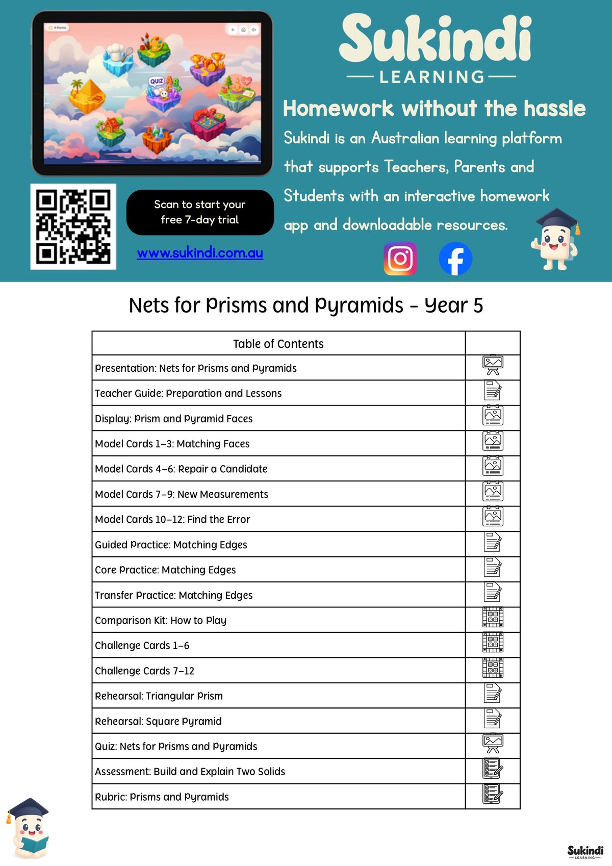 Nets for Prisms and Pyramids — Year 5 Mathematics — table of contents