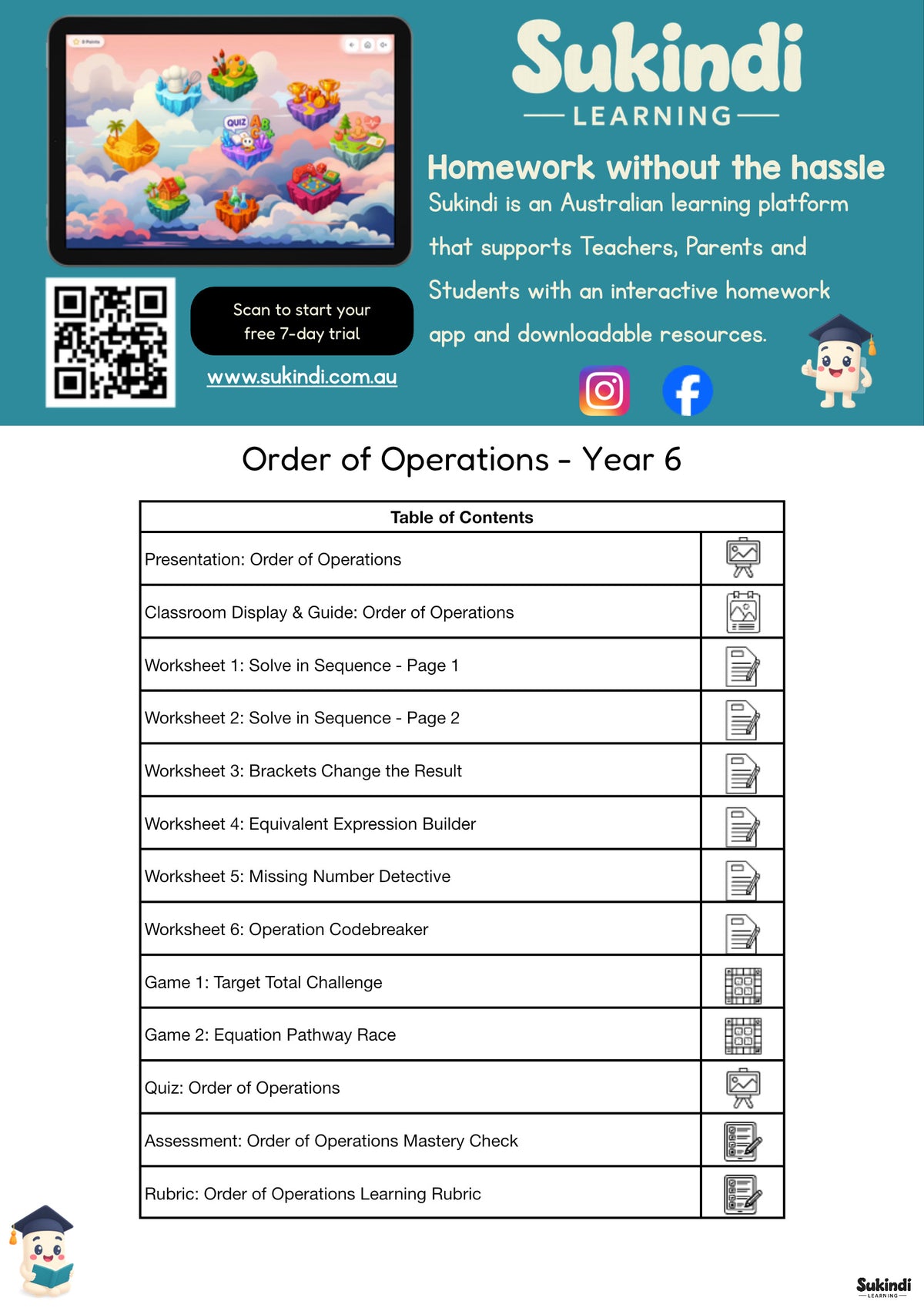 Order of Operations - Year 6 Maths Unit — table of contents