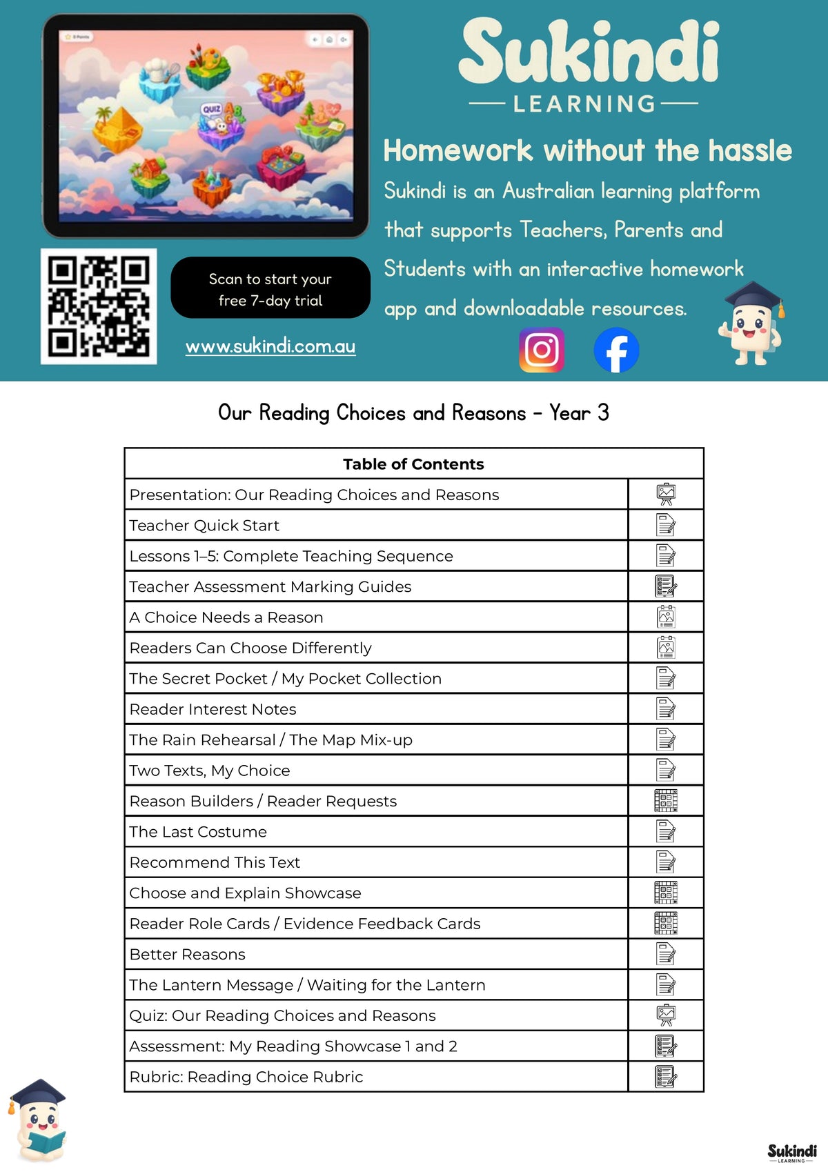 Our Reading Choices and Reasons - Year 3 — table of contents