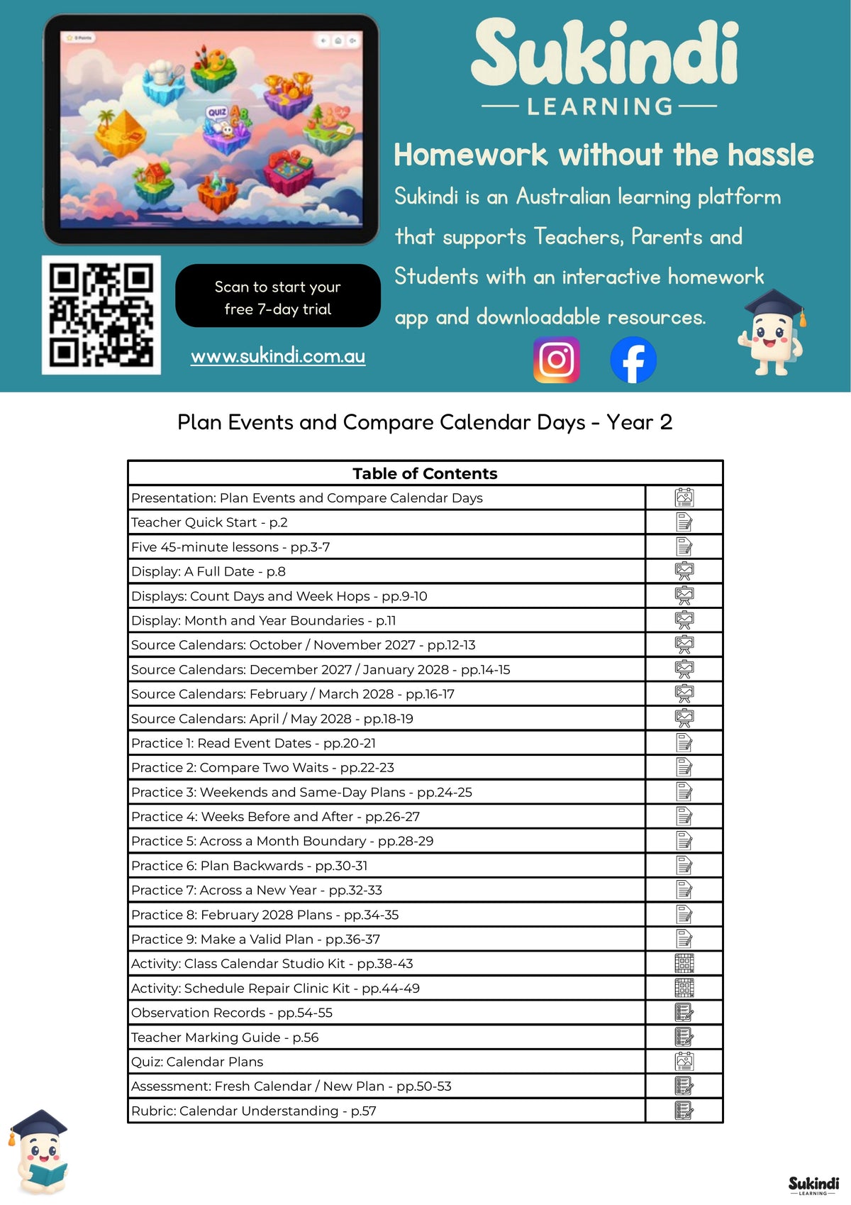 Plan Events and Compare Calendar Days - Year 2 — table of contents