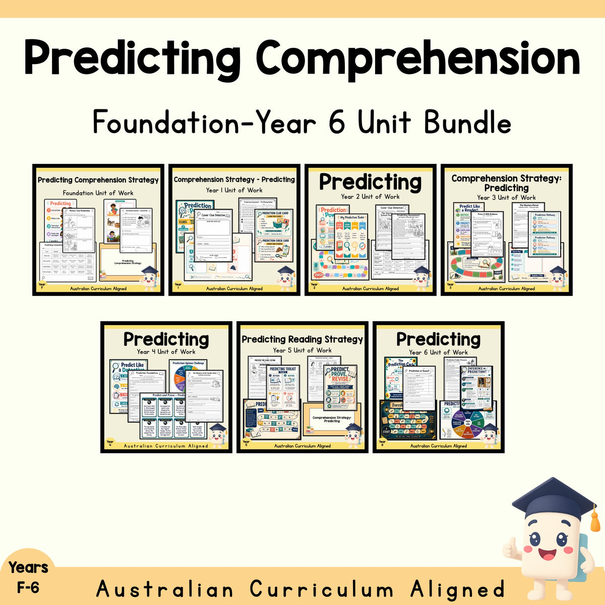 Predicting Comprehension Foundation–Year 6 English Unit Bundle cover showing every included unit