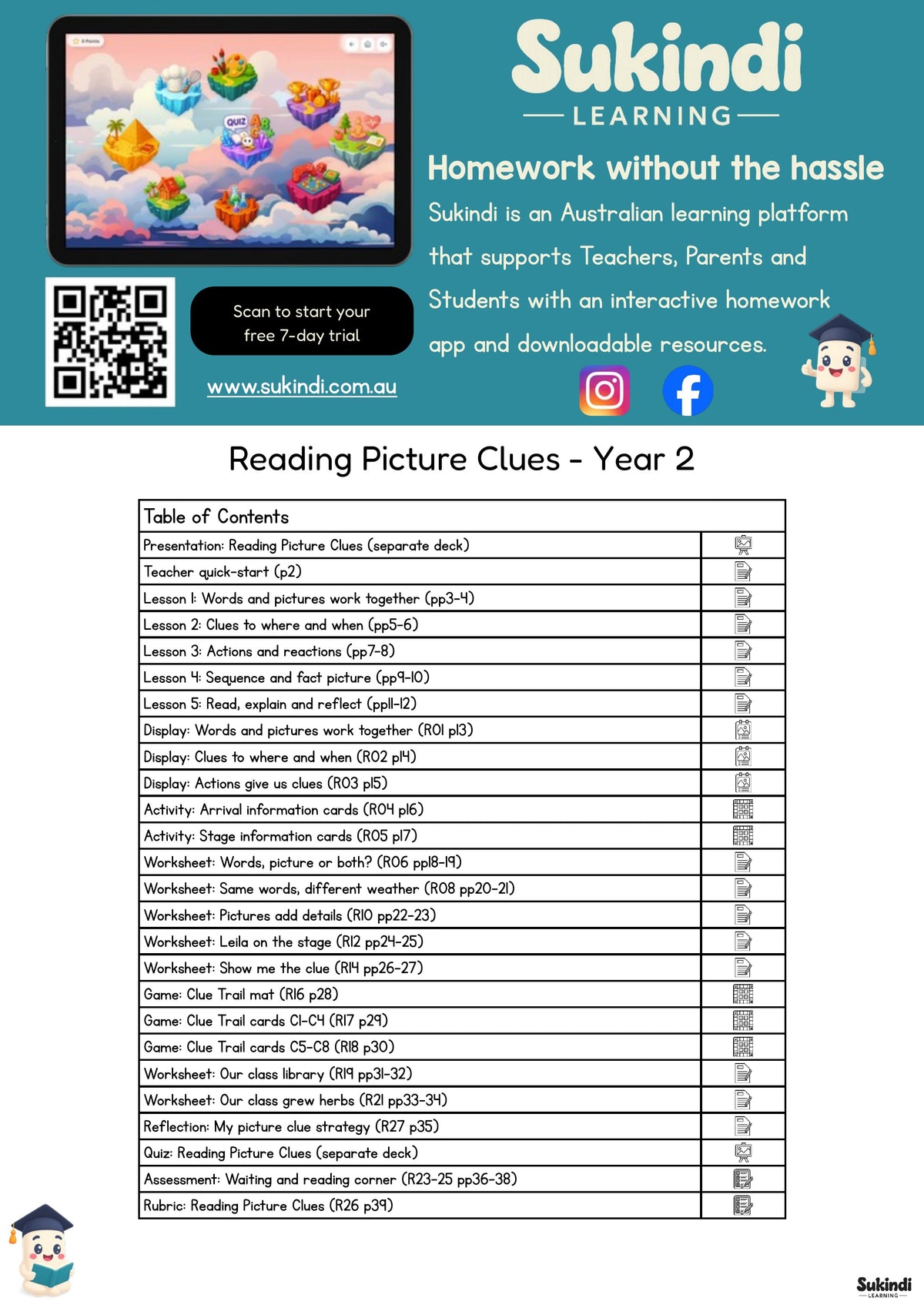 Reading Picture Clues - Year 2 — table of contents