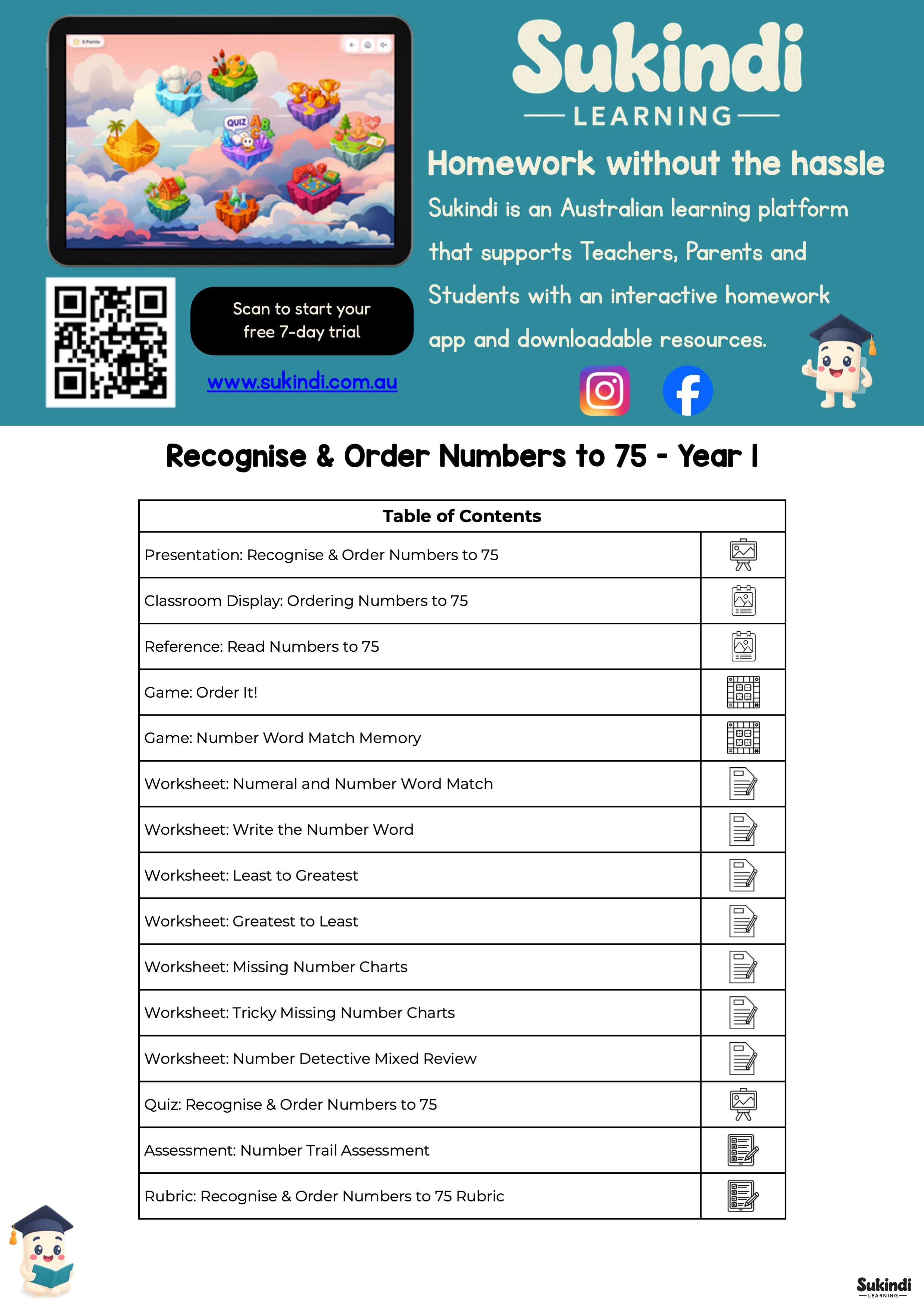 Numbers to 75 Year 1 Unit