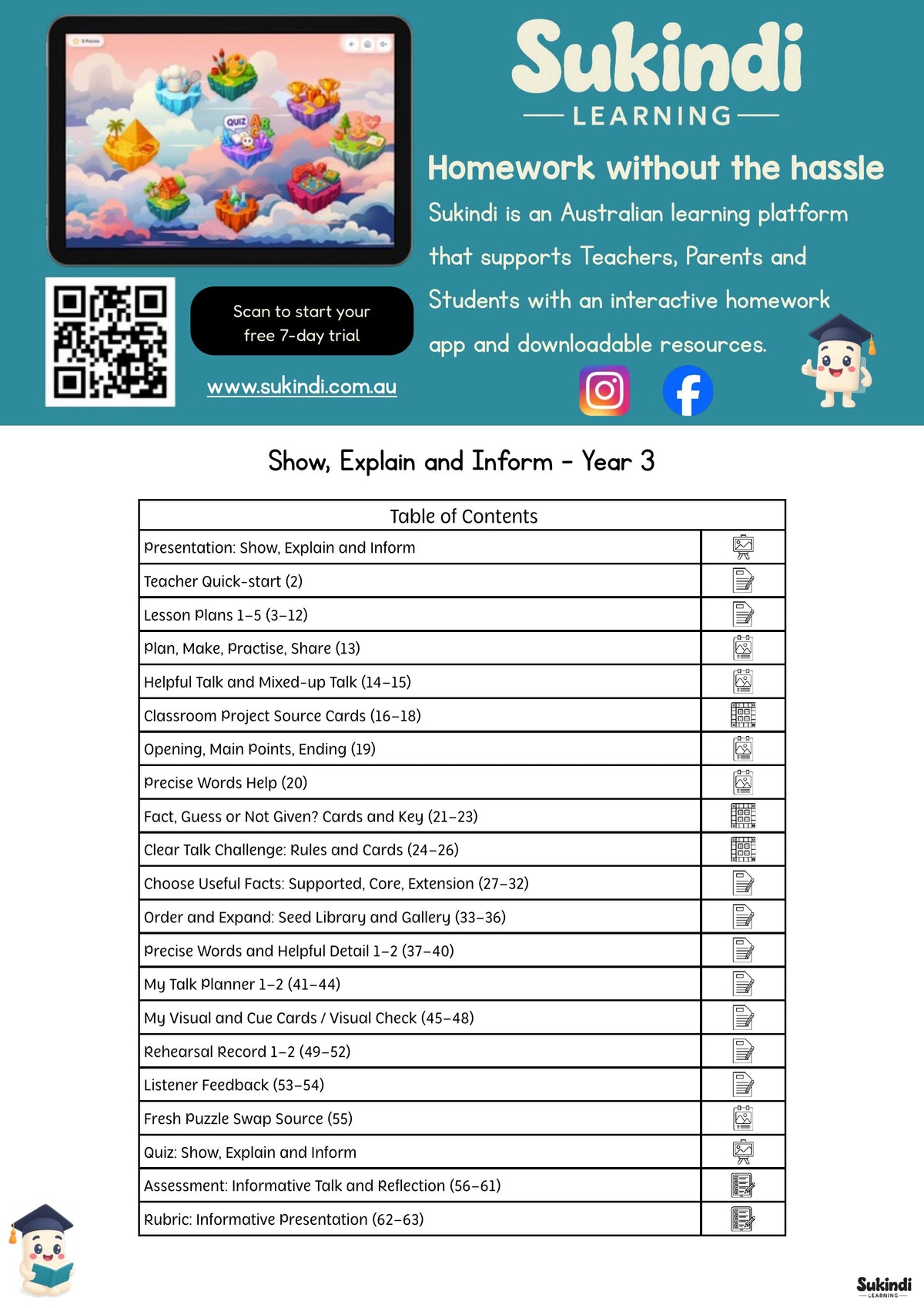Show, Explain and Inform - Year 3 — table of contents