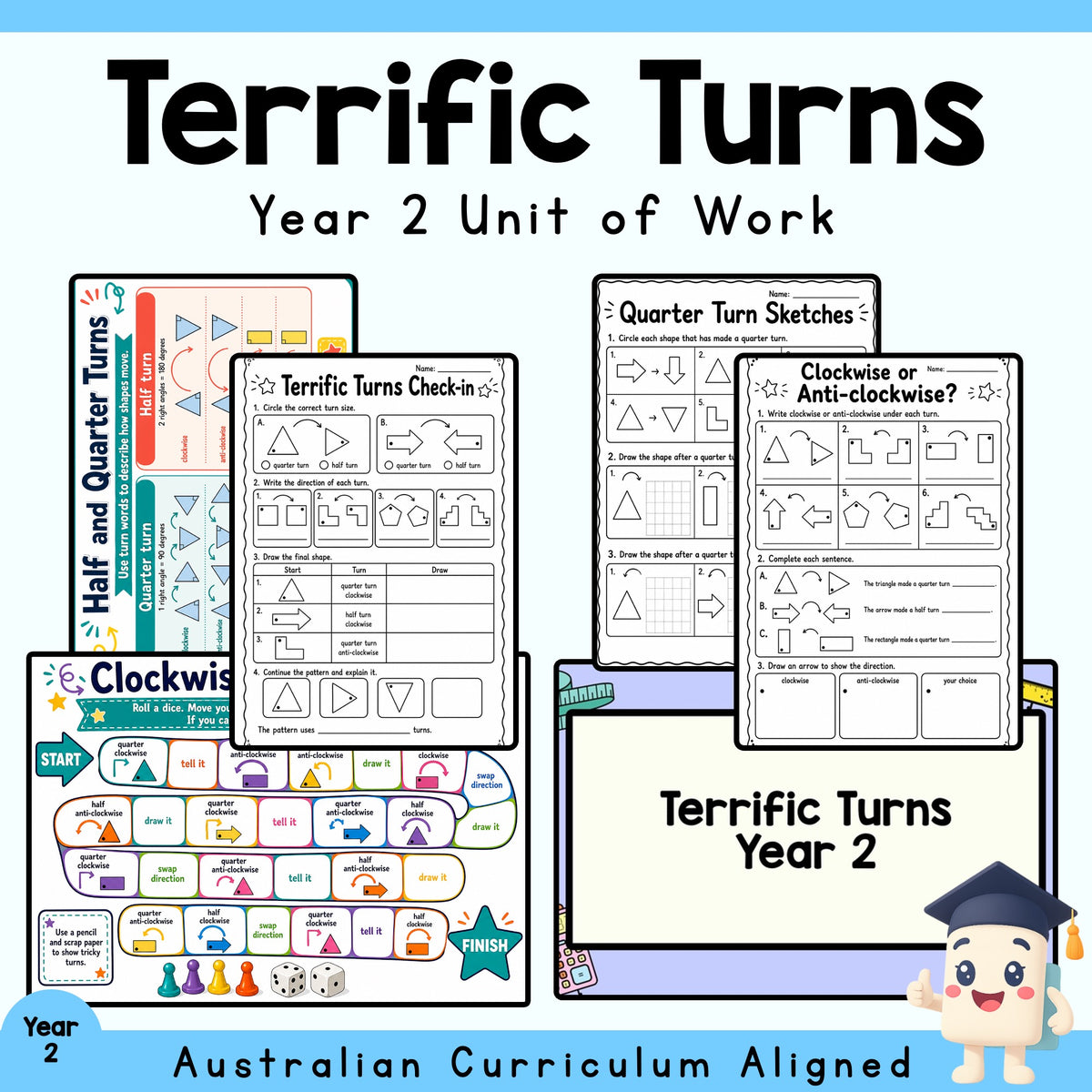Year 2 Half and Quarter Turns Unit | Worksheets, Game, Quiz & Assessment