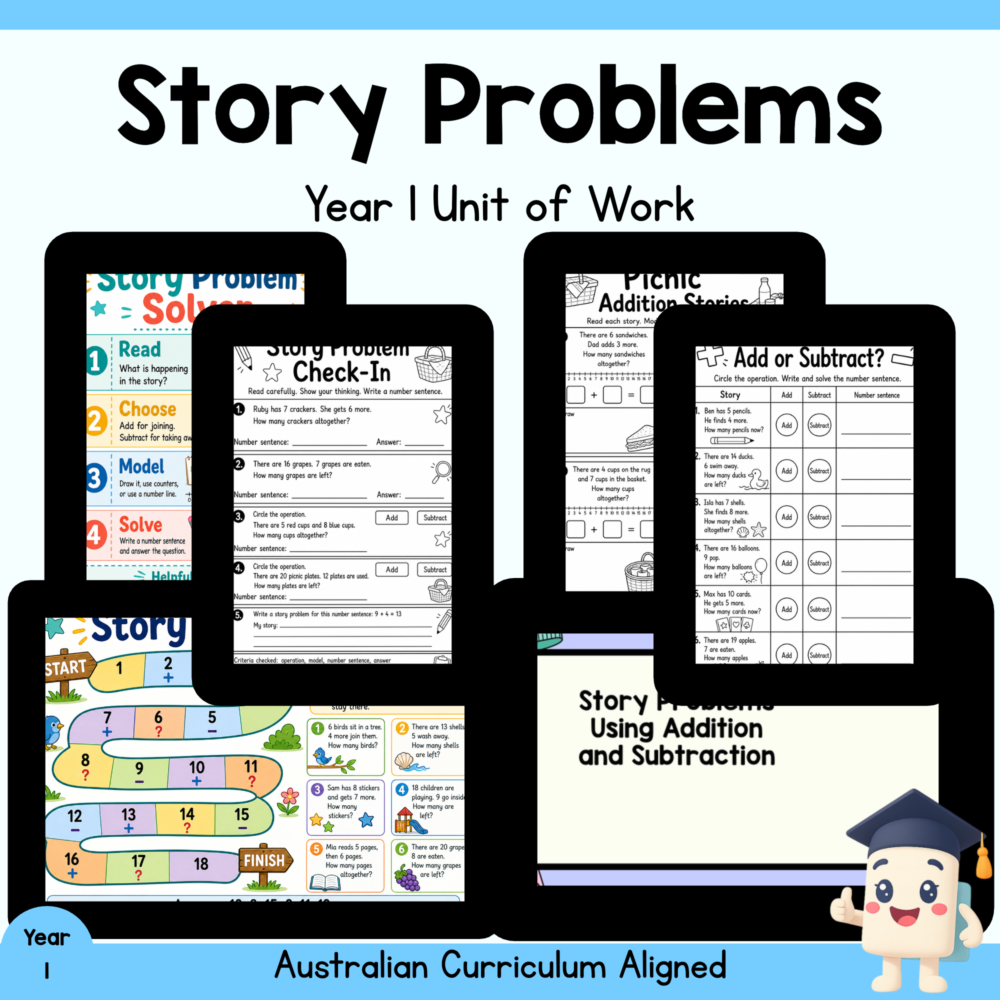 Year 1 Addition & Subtraction Story Problems Unit | Worksheets, Games & Assessment