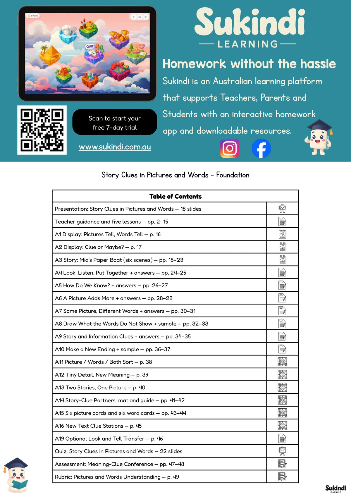 Story Clues in Pictures and Words - Foundation — table of contents