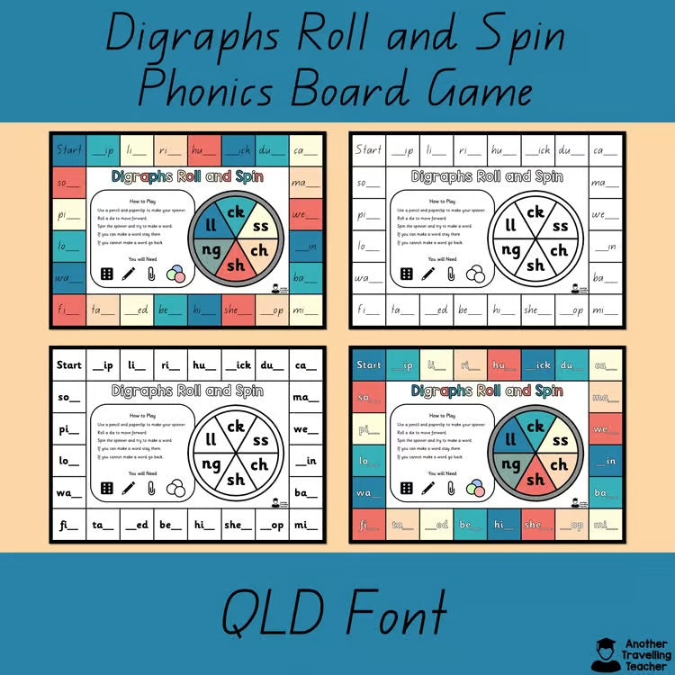 Digraphs Roll and Spin Phonics Board Game QLD Font cover