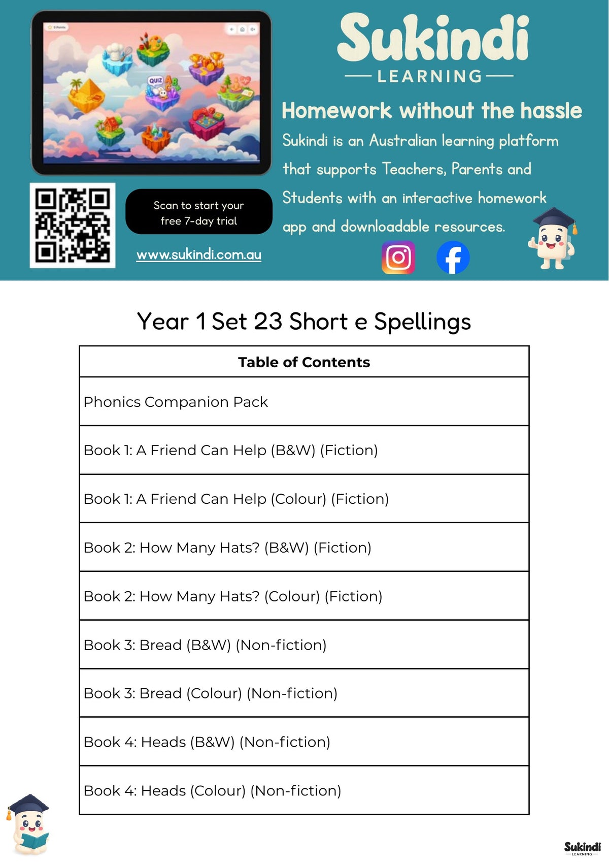 Year 1 Set 23 Decodable Readers - Short e in head, friend, said, says, any and many — table of contents