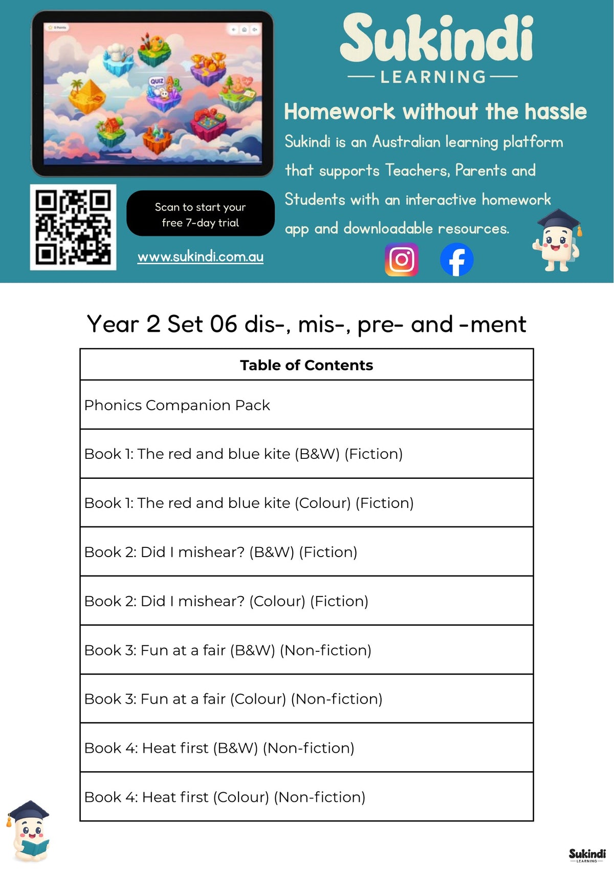 Year 2 Set 06 Decodable Readers - The prefixes dis-, mis-, pre- and the suffix -ment — table of contents