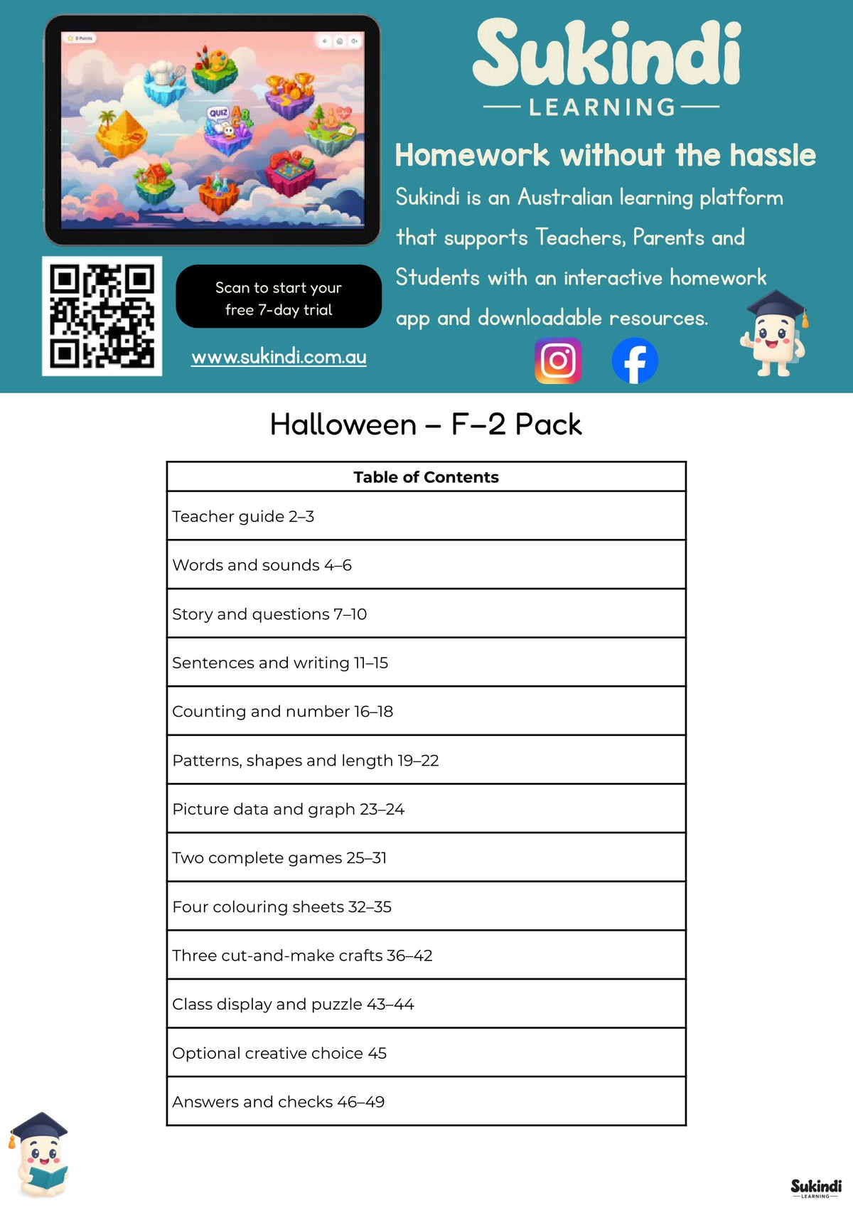 Halloween and Night Garden Activity Pack – Foundation to Year 2 — table of contents