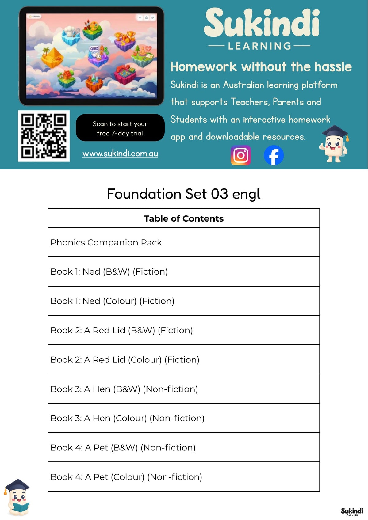 Foundation Set 03 Decodable Readers - Adding e, n, g and l — table of contents