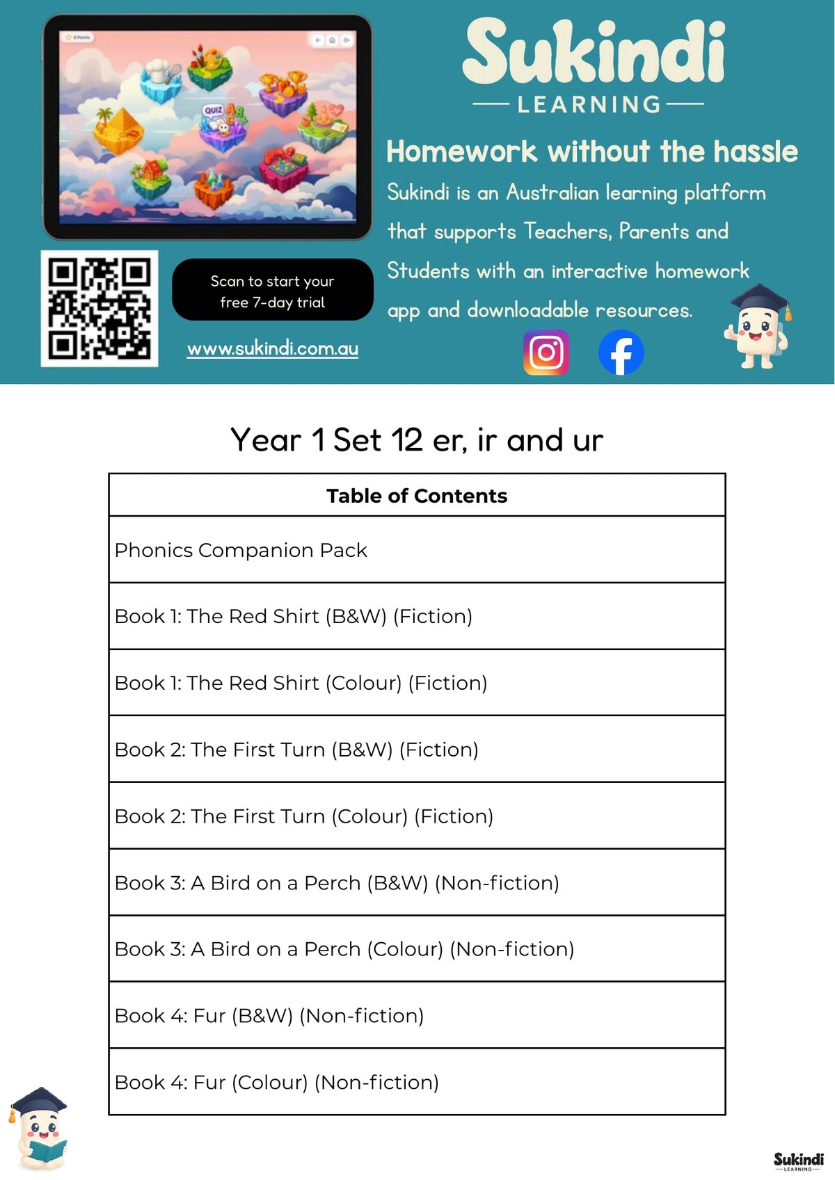 Year 1 Set 12 Decodable Readers - Stressed er, ir and ur, with weak final er — table of contents