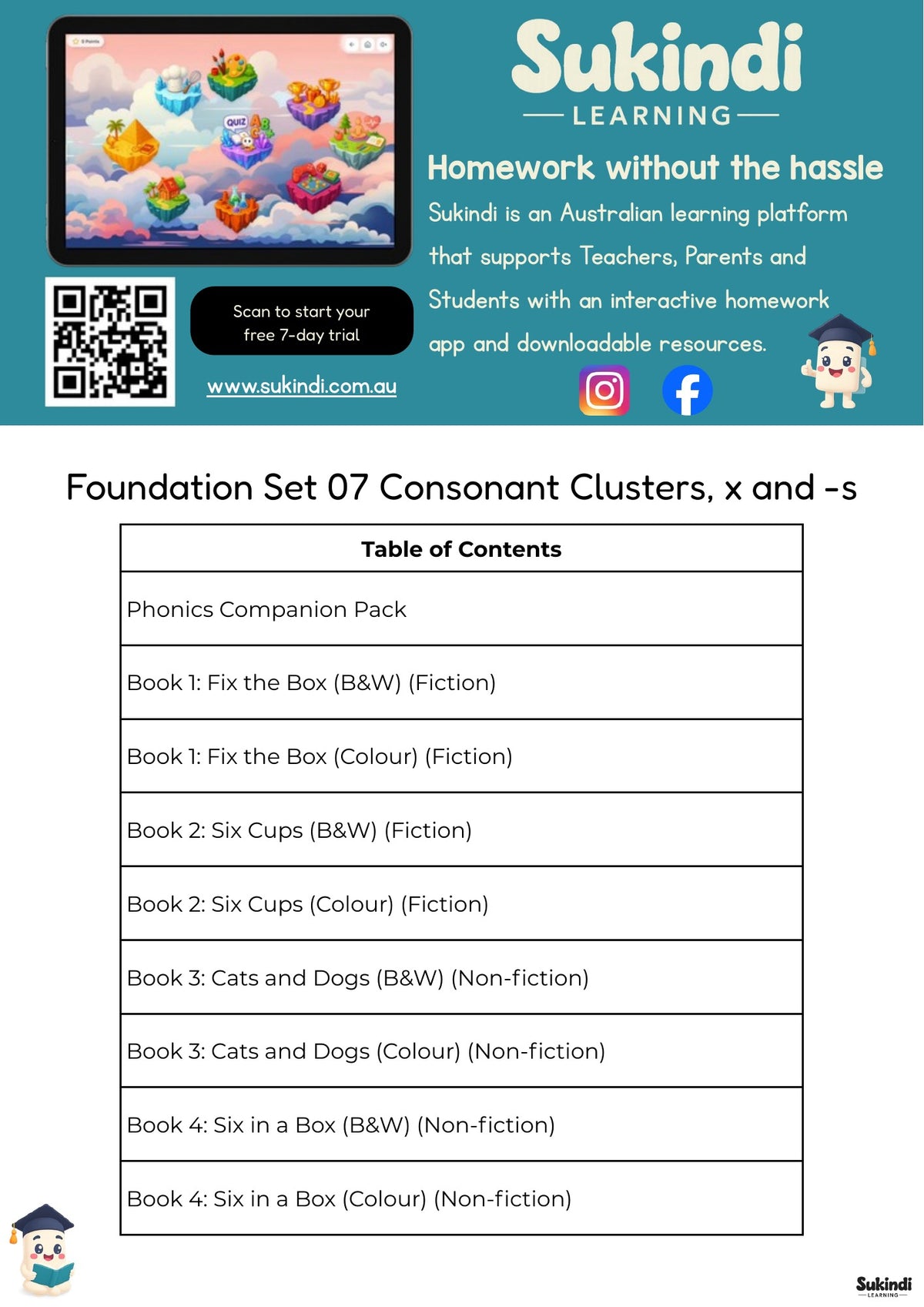 Foundation Set 07 Decodable Readers - Adjacent consonants, x and simple -s endings — table of contents