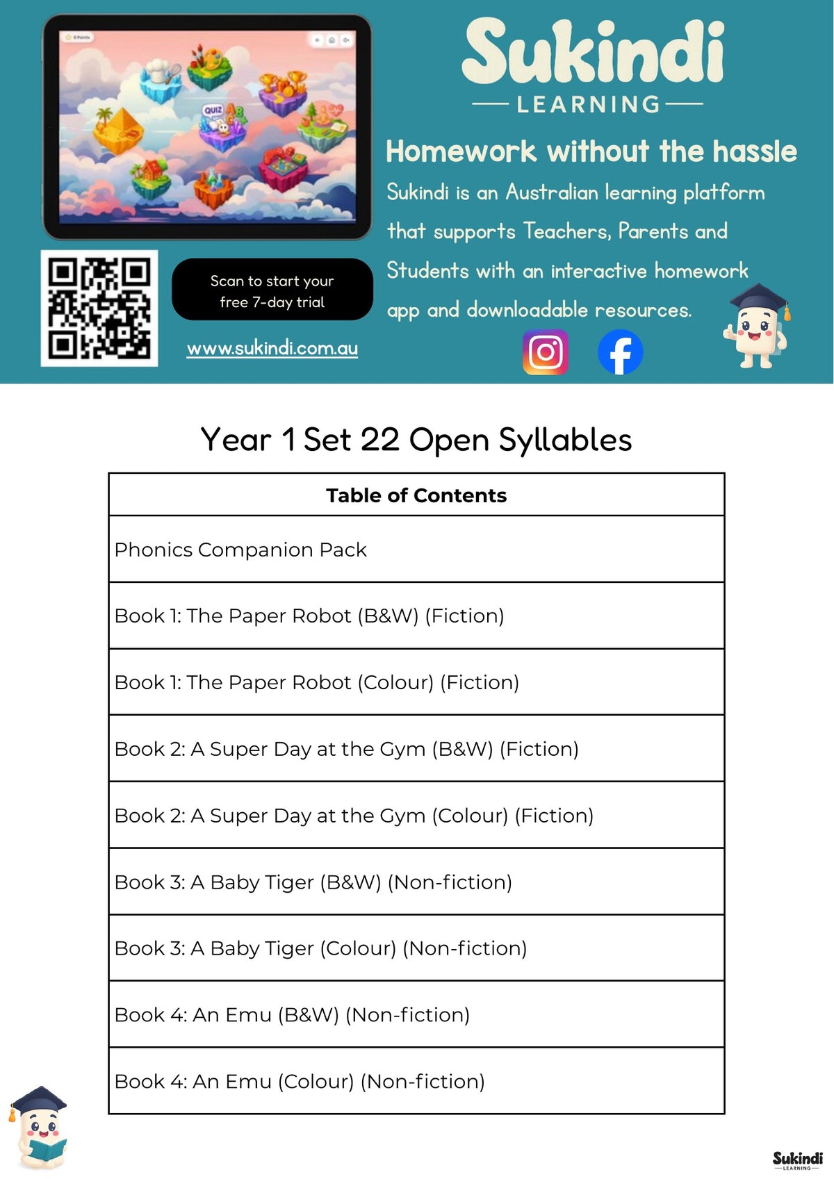 Year 1 Set 22 Decodable Readers - Long vowels in open syllables and internal y — table of contents