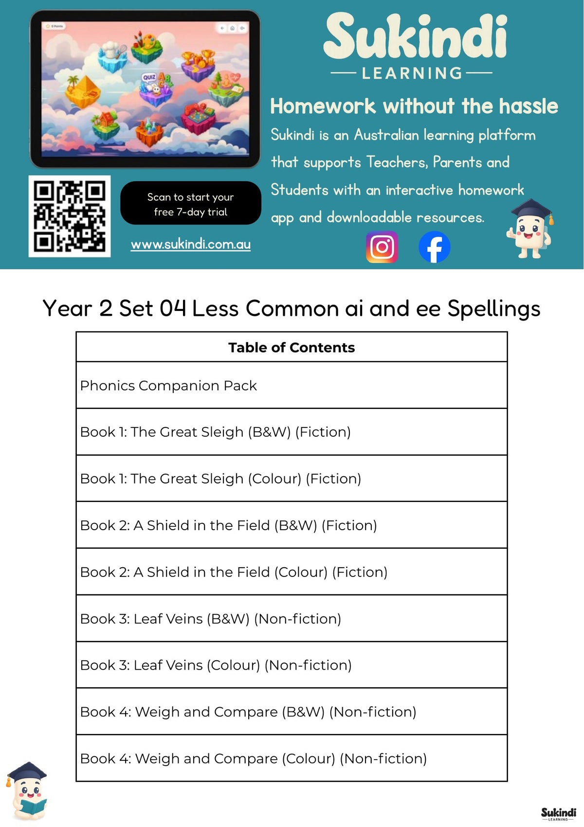 Year 2 Set 04 Decodable Readers - Less common spellings for the ai and ee sounds — table of contents