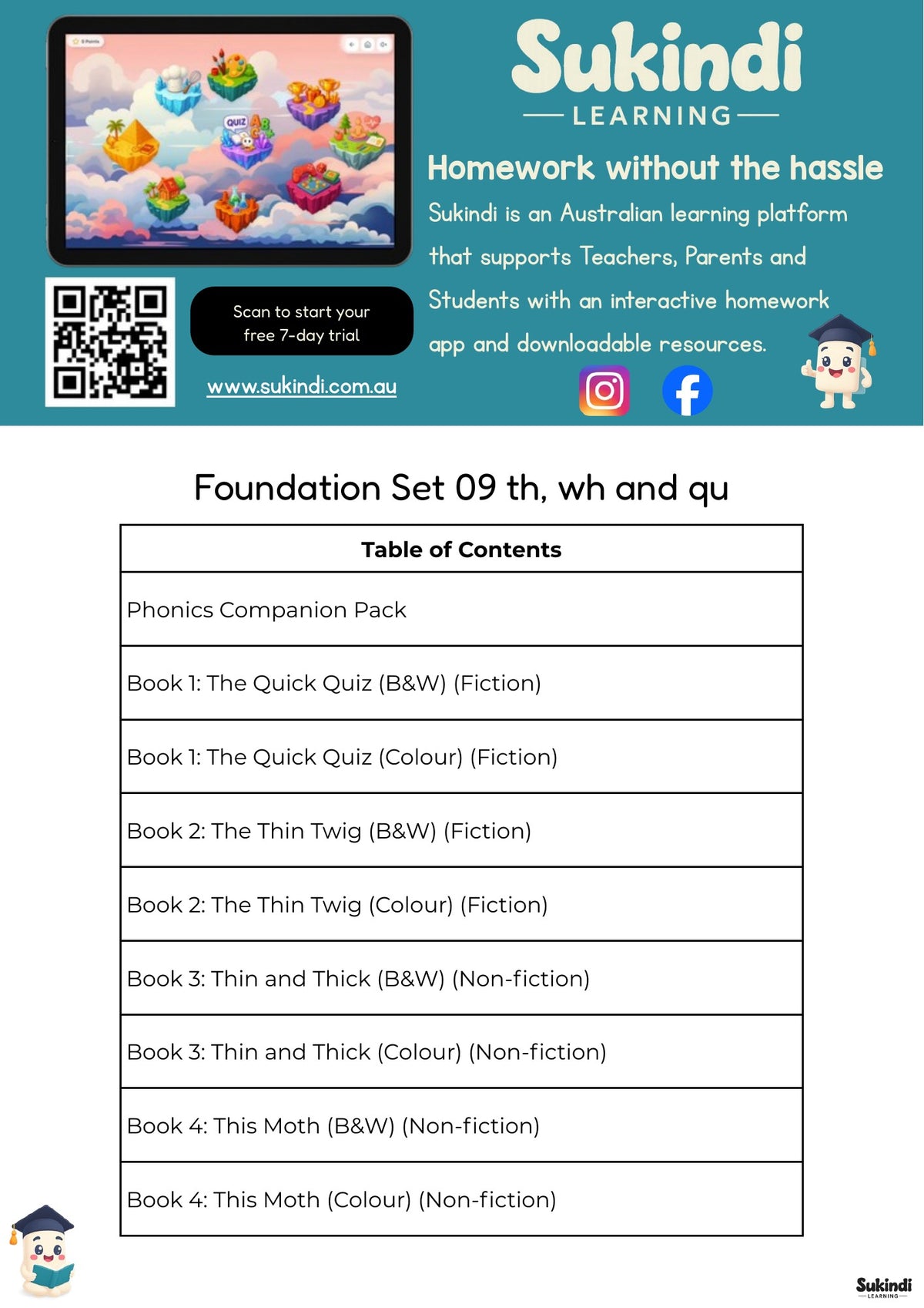 Foundation Set 09 Decodable Readers - The two th sounds, wh and qu — table of contents